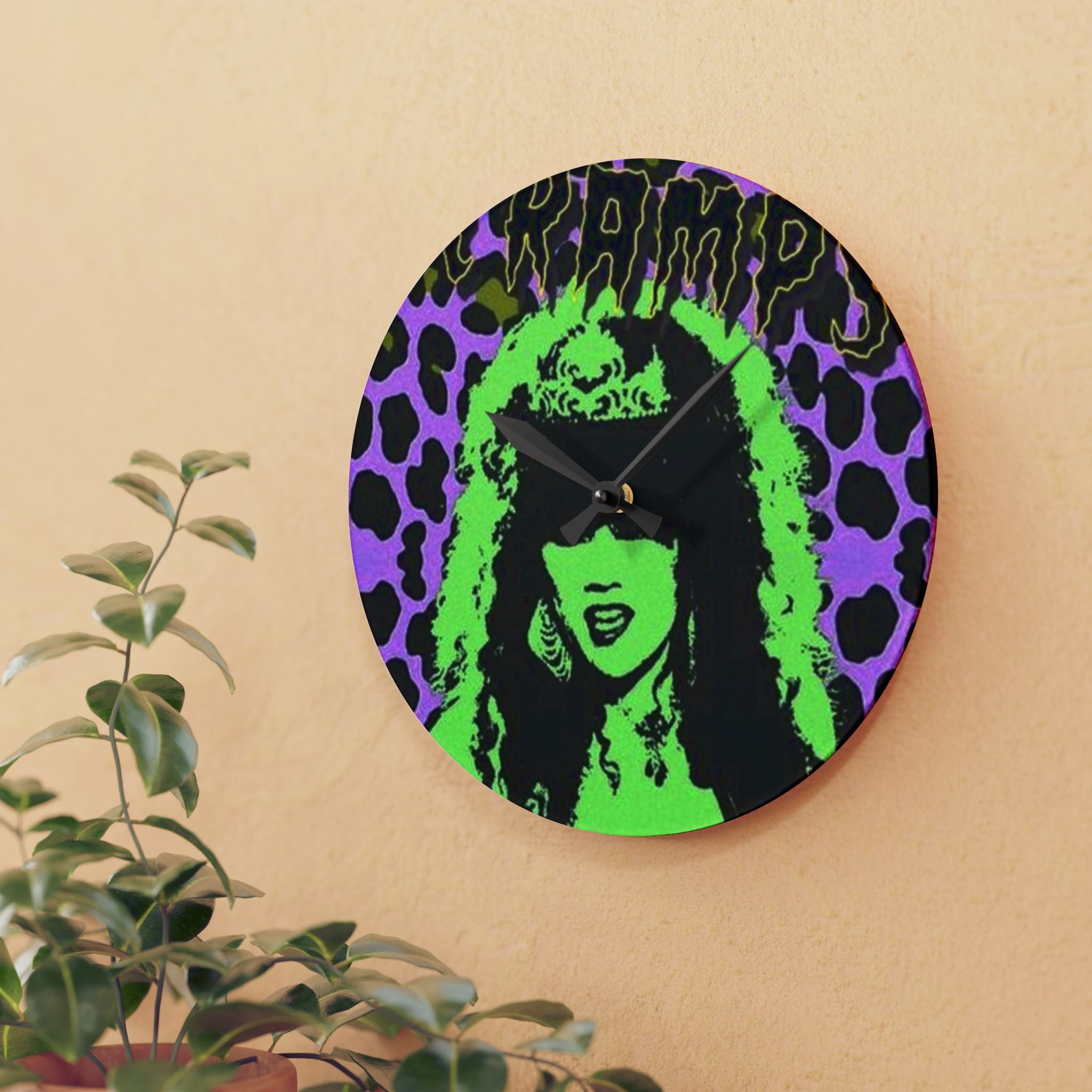 The Cramps Gothic Pop Portrait Acrylic Wall Clock — Neon Green & Purple Leopard Design