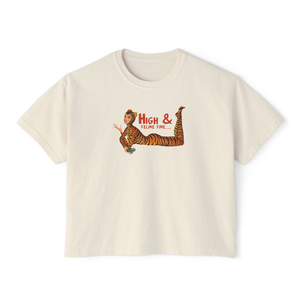 High & Feline Fine Women's Boxy Tee — Cute Retro Tiger Pinup Graphic