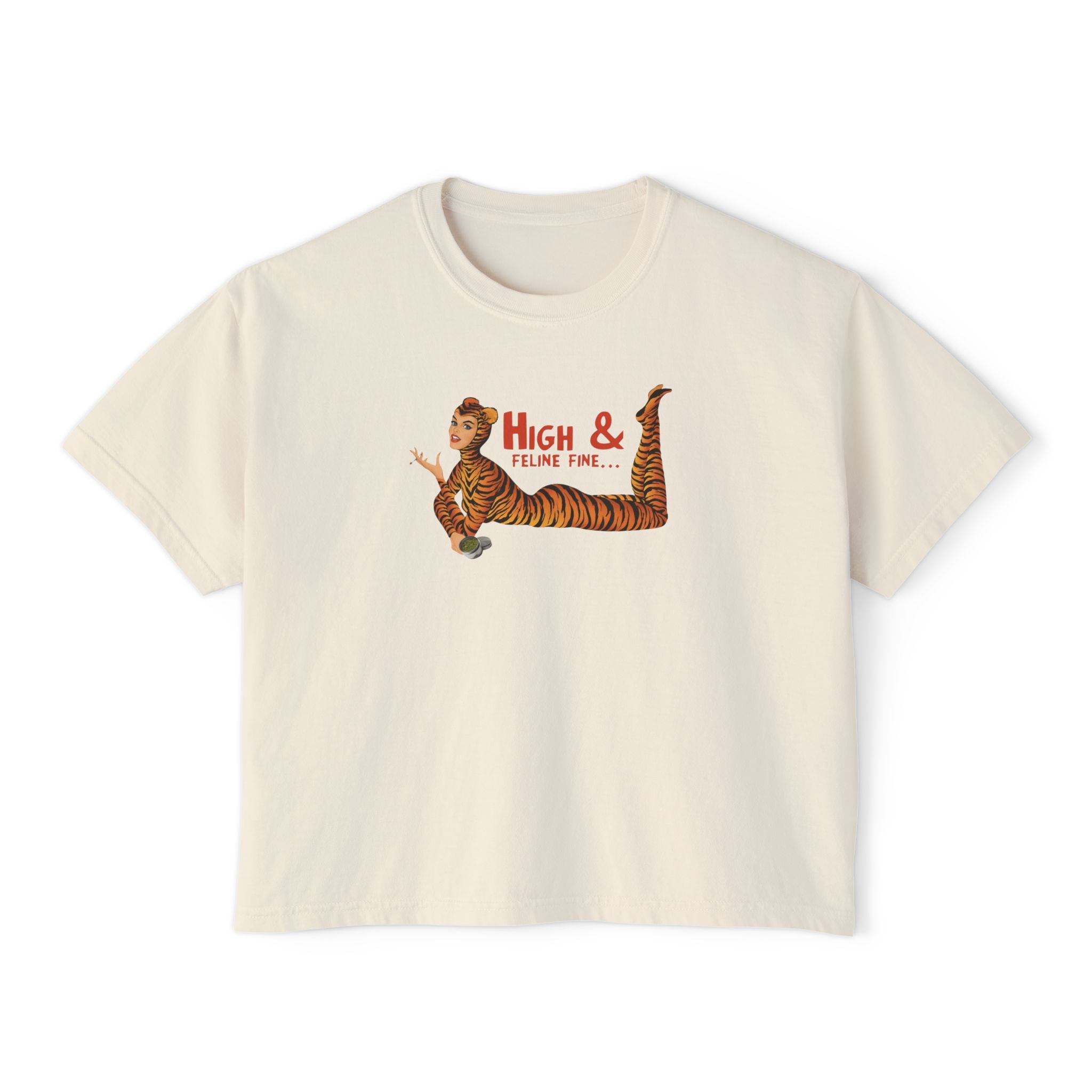 High & Feline Fine Women's Boxy Tee — Cute Retro Tiger Pinup Graphic