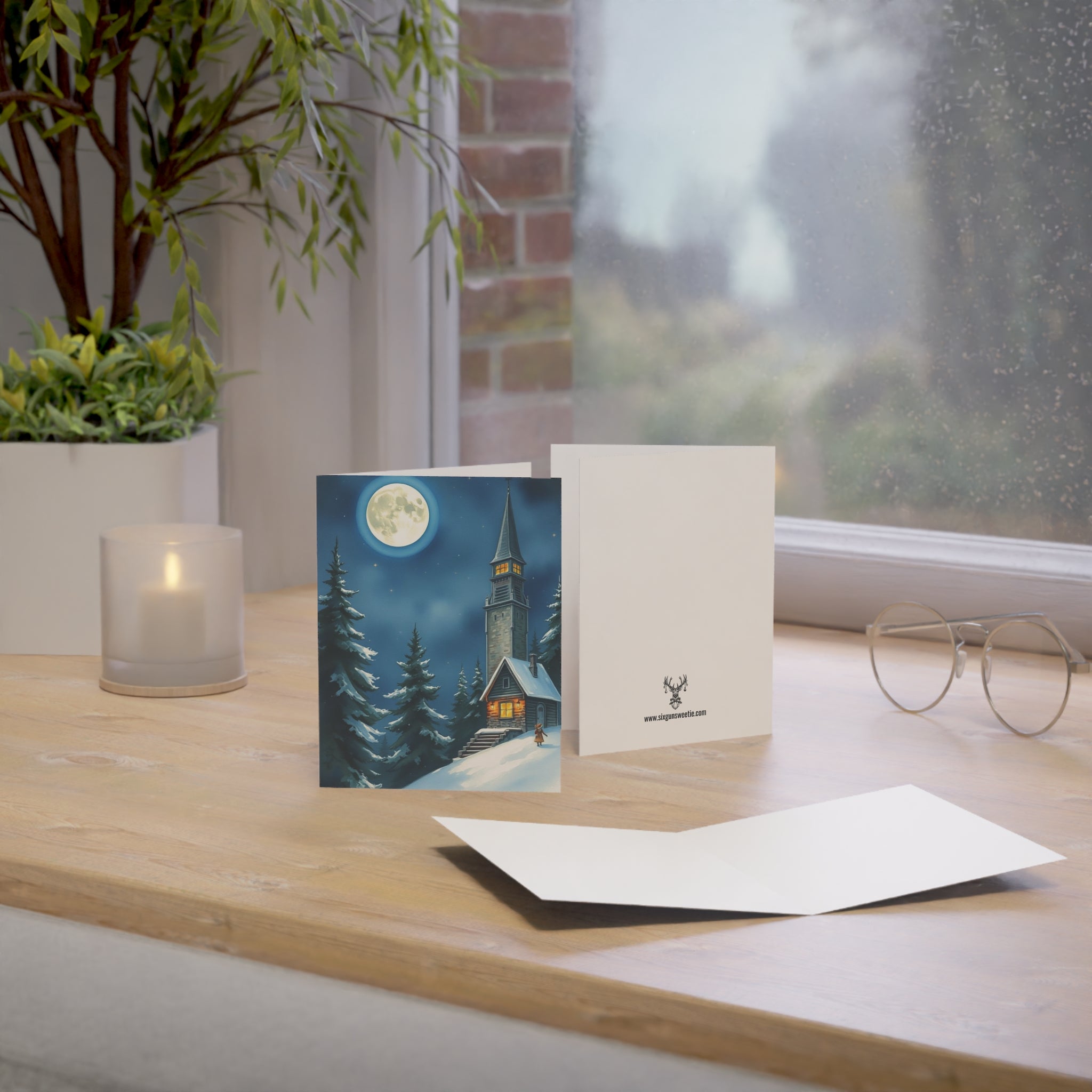 Winter Church Night Scene Greeting Cards — Holiday Blank Inside (1/10/30/50 pcs)