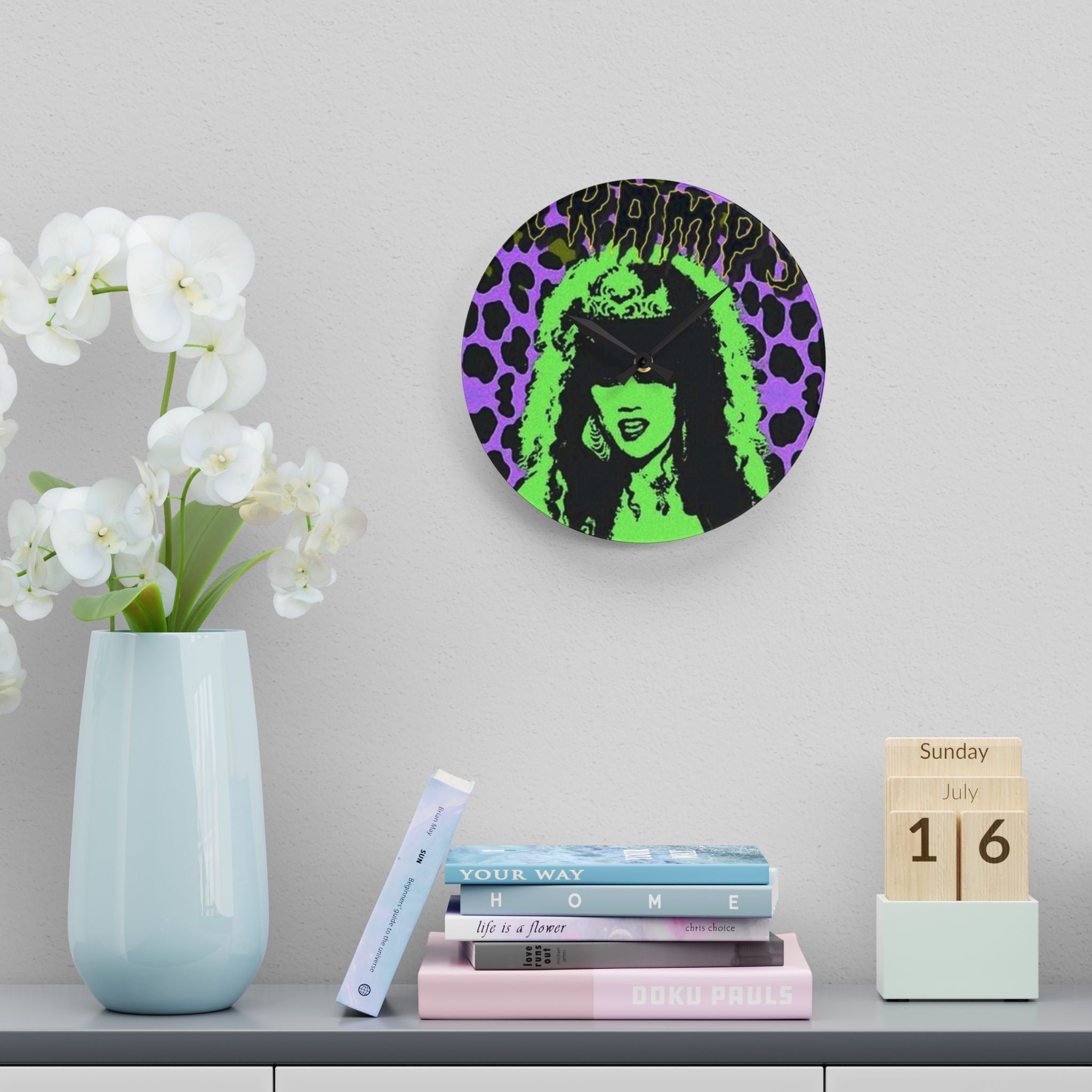 The Cramps Gothic Pop Portrait Acrylic Wall Clock — Neon Green & Purple Leopard Design