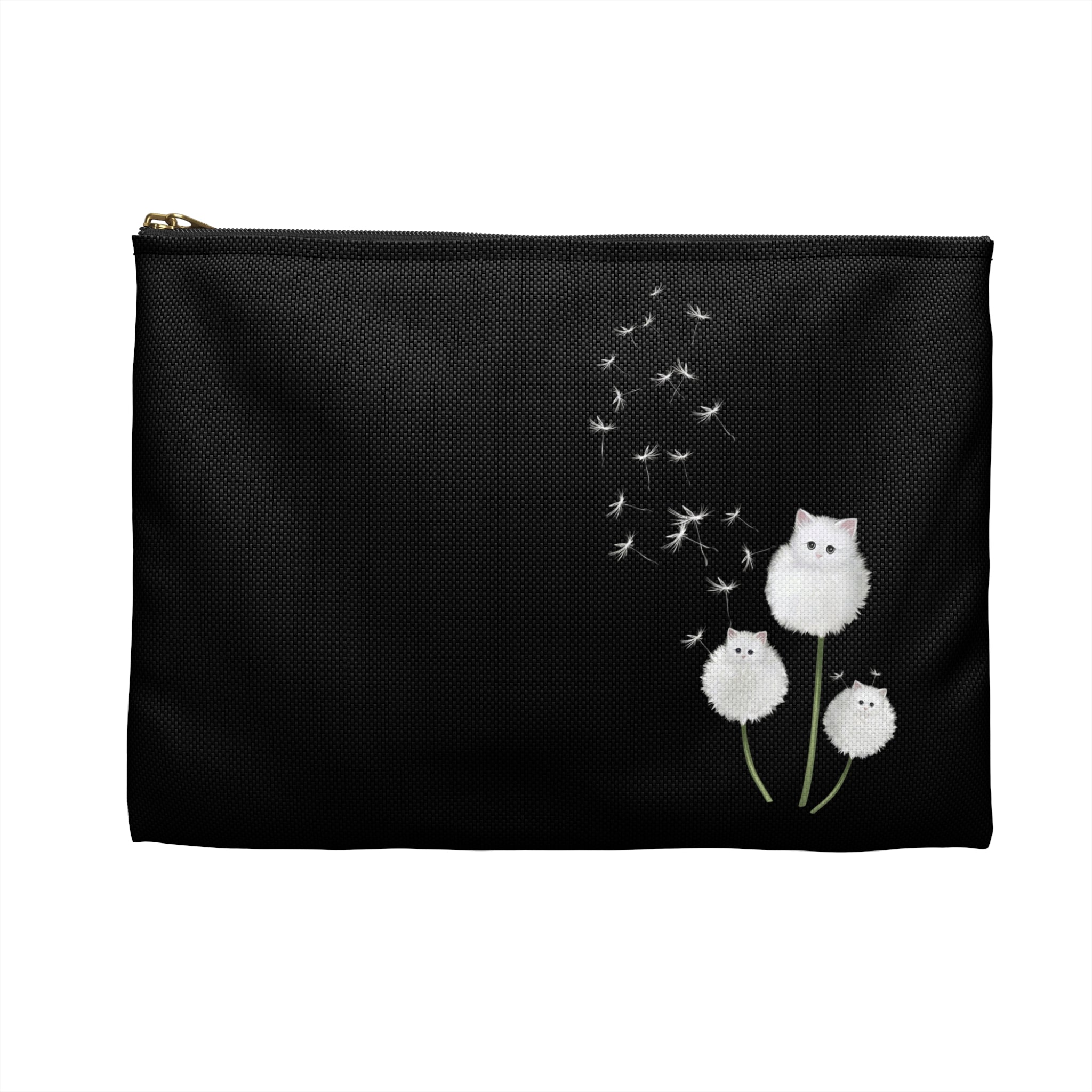 Cute White Kitten Dandelion Accessory Pouch — Whimsical Cat Lover Makeup Bag