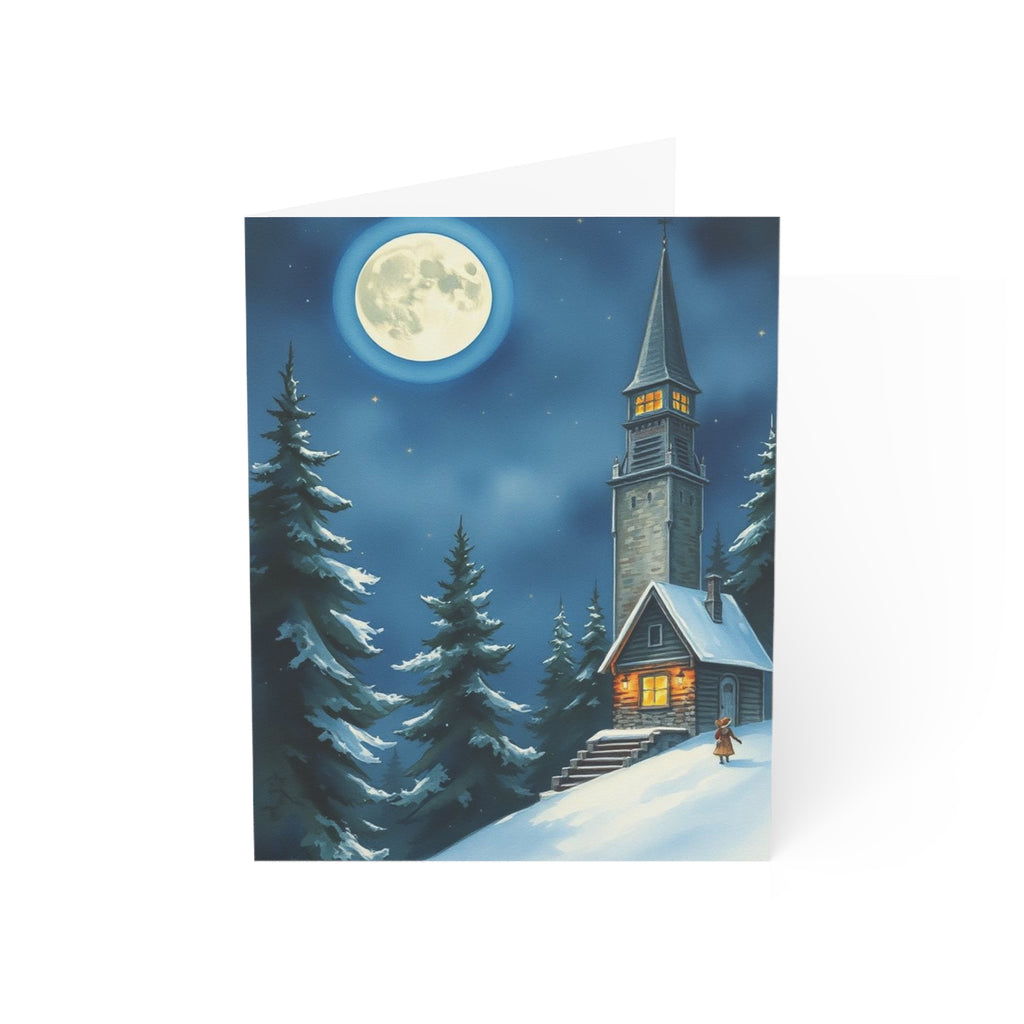 Winter Church Night Scene Greeting Cards — Holiday Blank Inside (1/10/30/50 pcs)