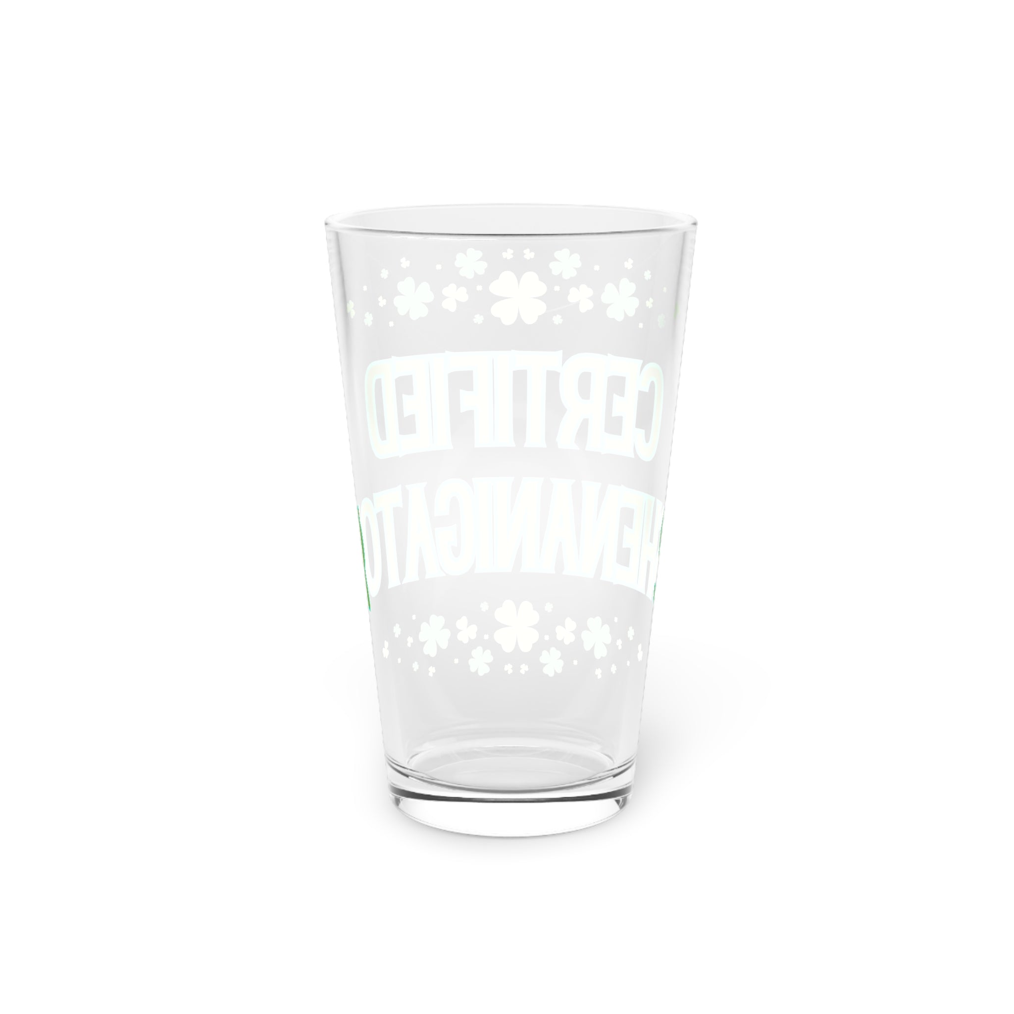 Certified Shenanigator Pint Glass – 16oz St. Patrick’s Day Beer Glass with Shamrock Design