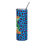 20oz Leopard Print Six Gun Sweetie Stainless Tumbler — Bright Blue & Hot Pink Animal Print Travel Cup, Retro Cowgirlsix gun sweetie