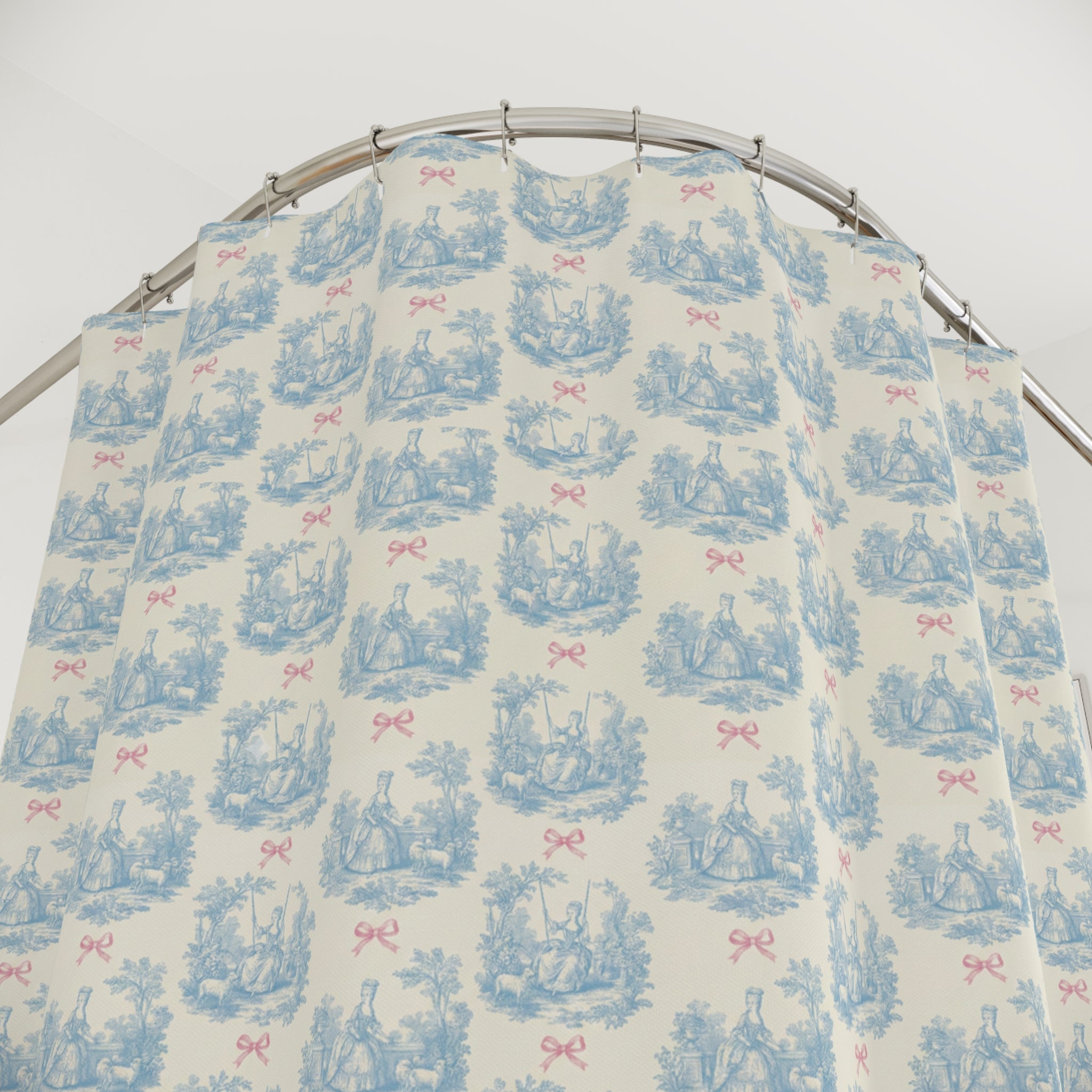 Vintage Blue Toile Shower Curtain with Pink Bow Accent — Cottagecore Bathroom Décor