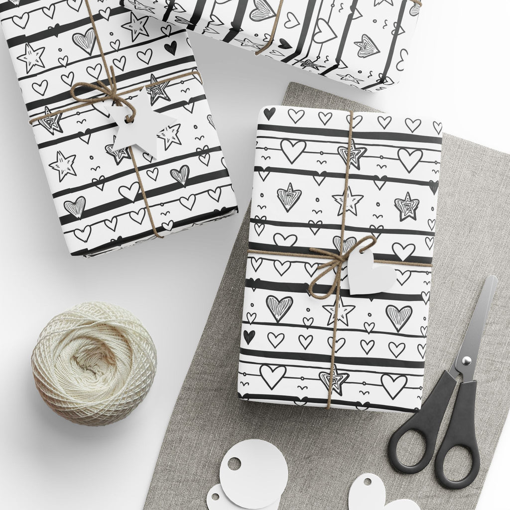 Gift Wrap Sheets Doodle Hearts Stars Black White