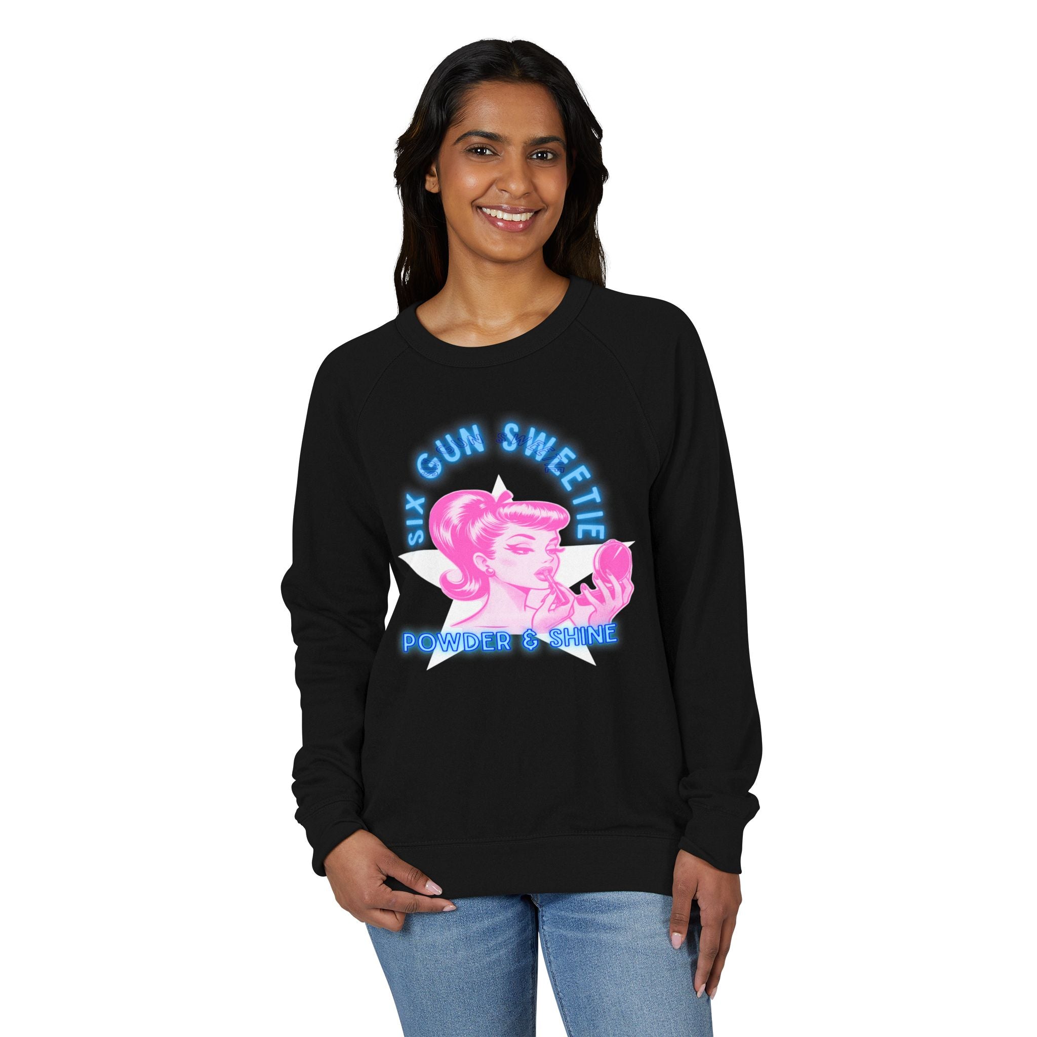 Raglan Crewneck Sweatshirt - Six Gun Sweetie Vintage Girl Applying Lipstick