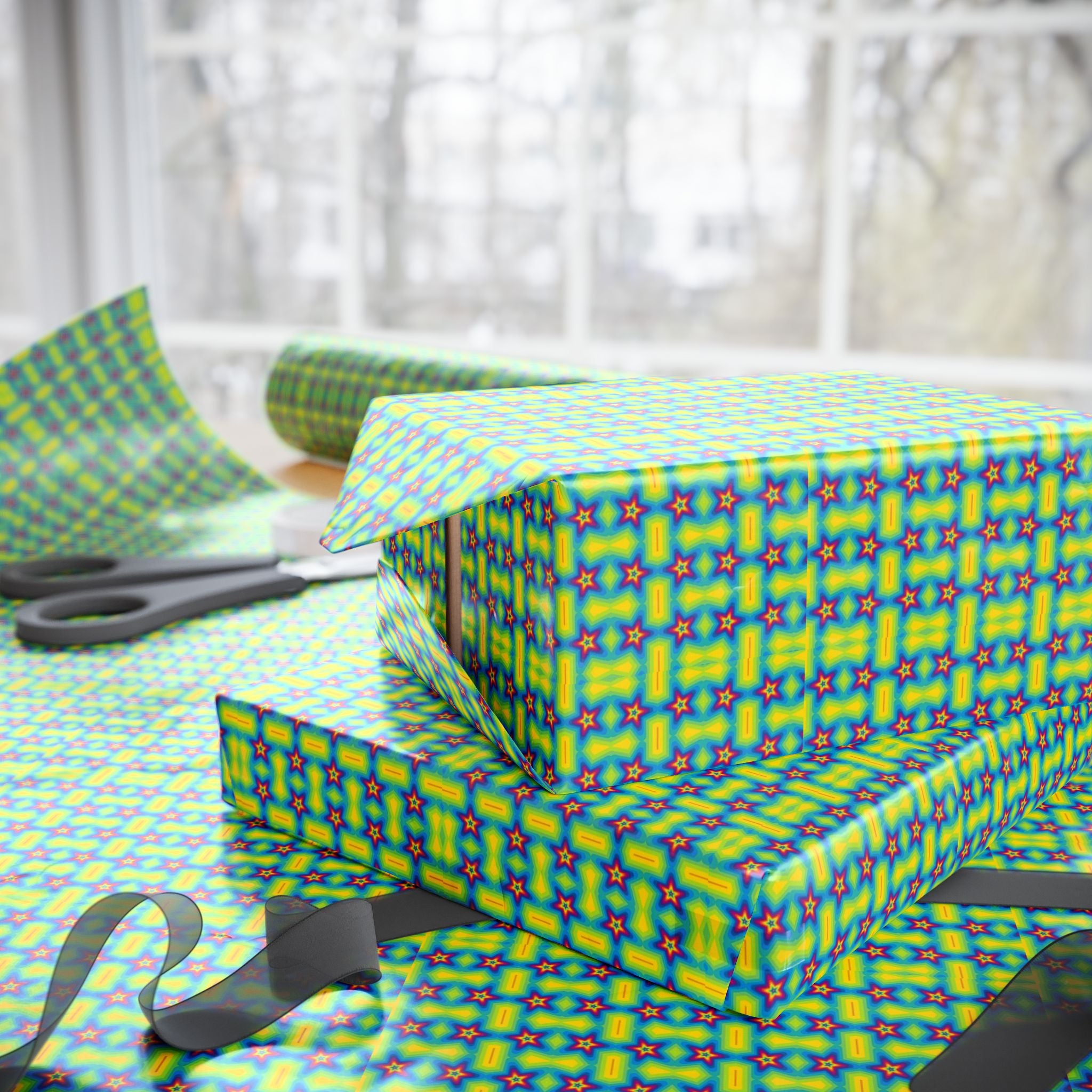 Retro 80s Neon Star Wrapping Paper — Bright Green & Blue, Quirky Gift Wrap