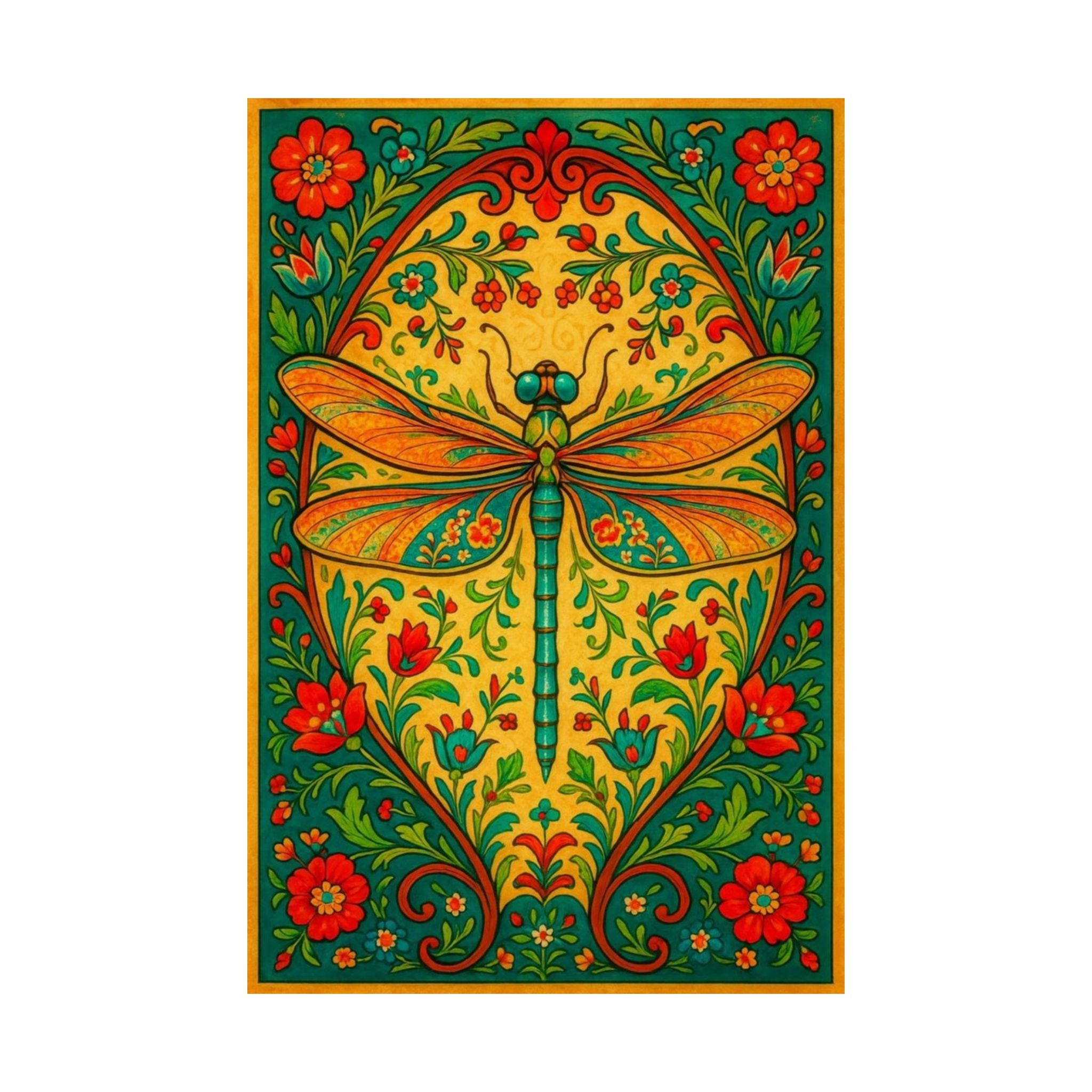 Colorful Dragonfly Art Print, Vintage Floral Poster, Botanical Wall Decor, Nature Lover Gift, Home Decoration