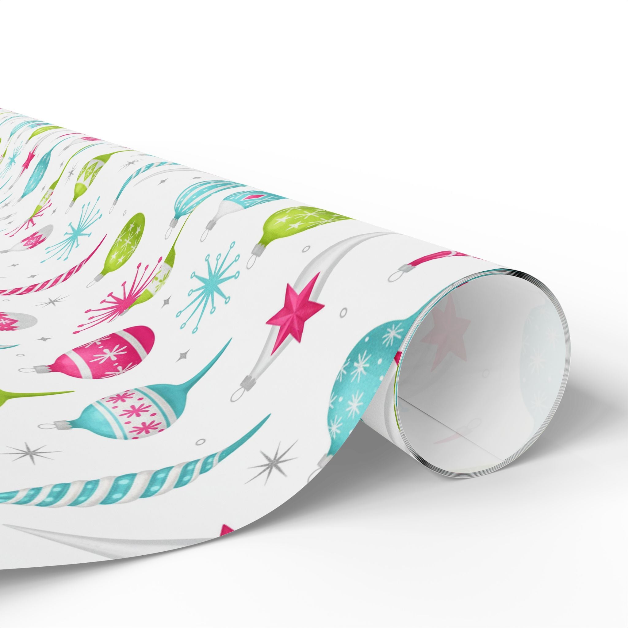 Wrapping Papers, Retro Mid Century Modern Vintage Christmas Ornaments, Pink Blue Silver Green Design, Gift Wrap, Holiday Decor, Festive