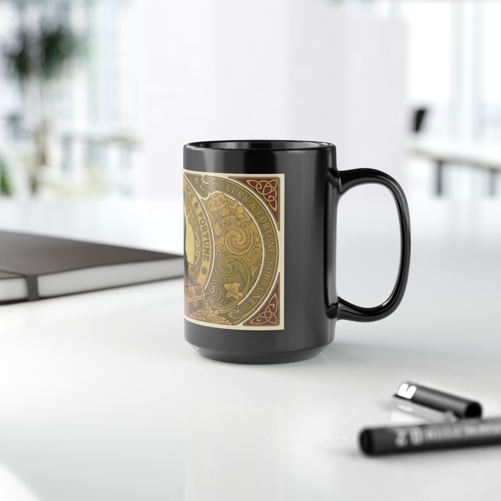 St. Patrick’s Vintage Leprechaun Black 15oz Coffee Mug — Luck & Fortune Design