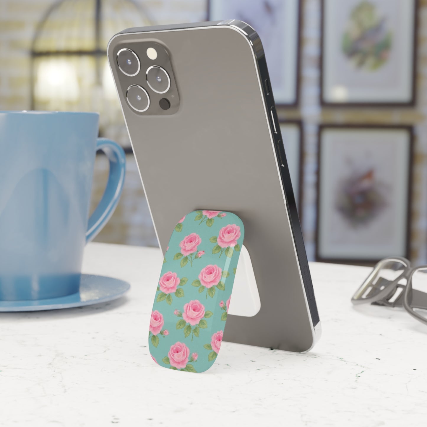Phone Grip - Shabby Chic Pink English Roses on Soft Blue Background