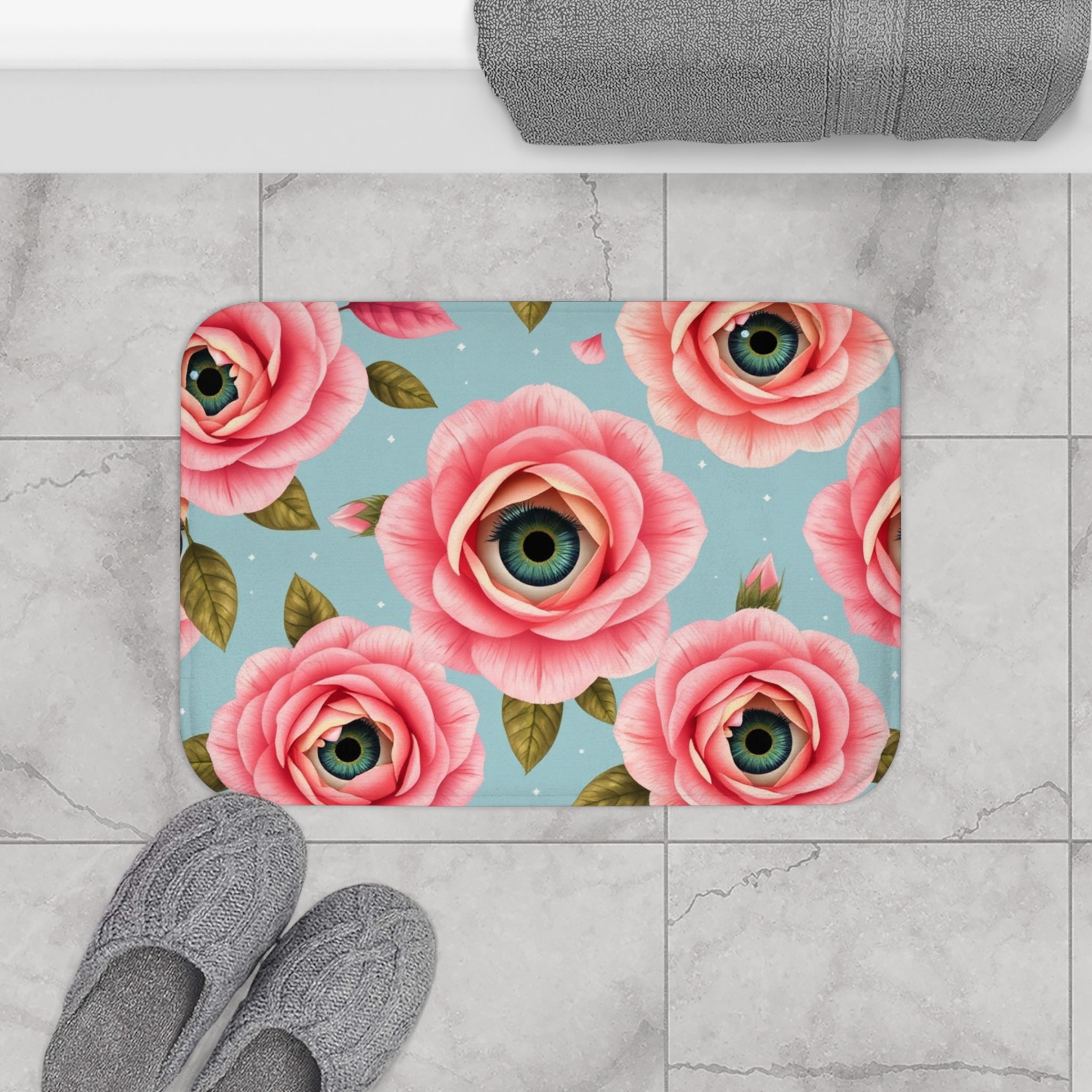 Surreal English Rose Eyeball Bath Mat — Matching Shower Curtain