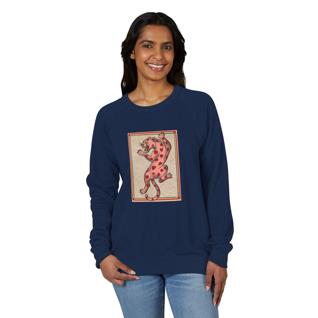 French Terry Raglan Crewneck Sweatshirt - Pink Leopard Heart Tattoo Flash Design