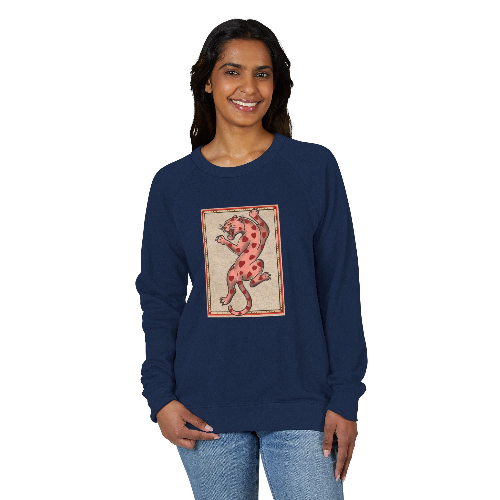 French Terry Raglan Crewneck Sweatshirt - Pink Leopard Heart Tattoo Flash Design