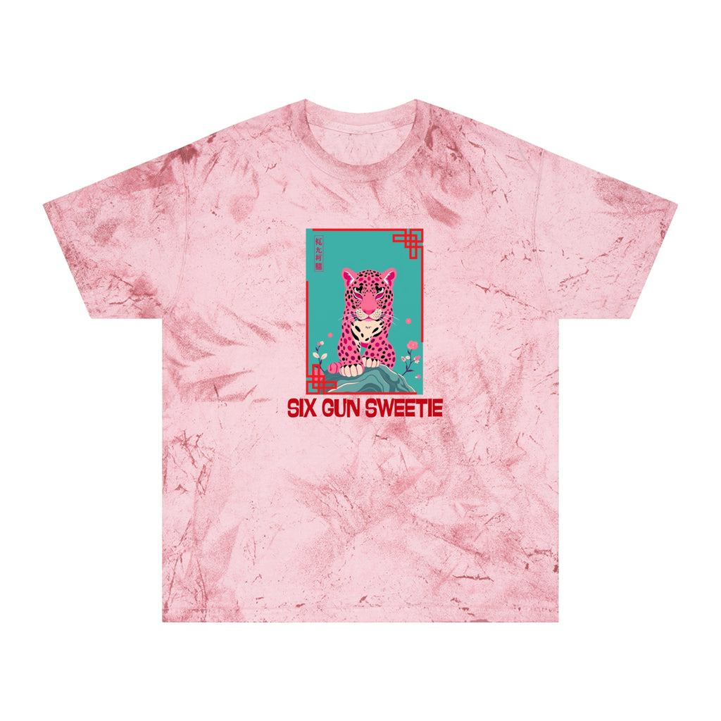 Six Gun Sweetie Tie-Dye T-Shirt — Retro Pink Leopard Graphic Tee