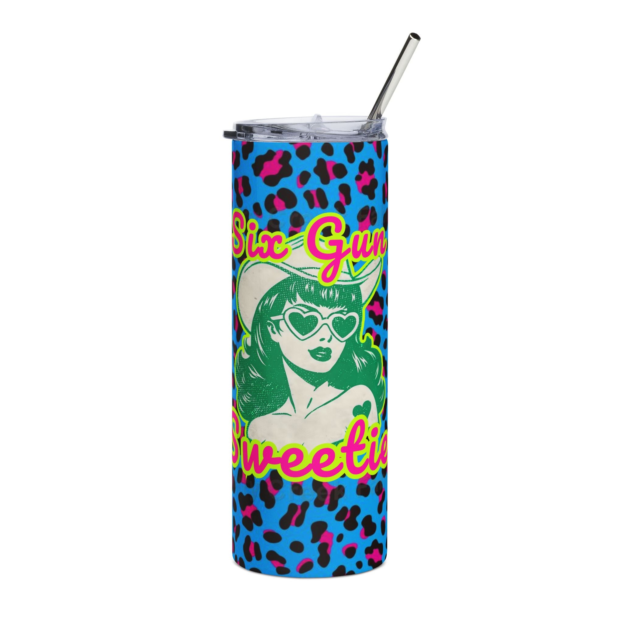 20oz Leopard Print Six Gun Sweetie Stainless Tumbler — Bright Blue & Hot Pink Animal Print Travel Cup, Retro Cowgirlsix gun sweetie