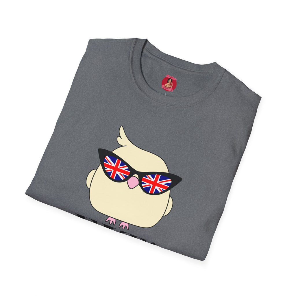 British Cool Fit Bird T-Shirt — Playful Bird with Union Jack Sunglasses