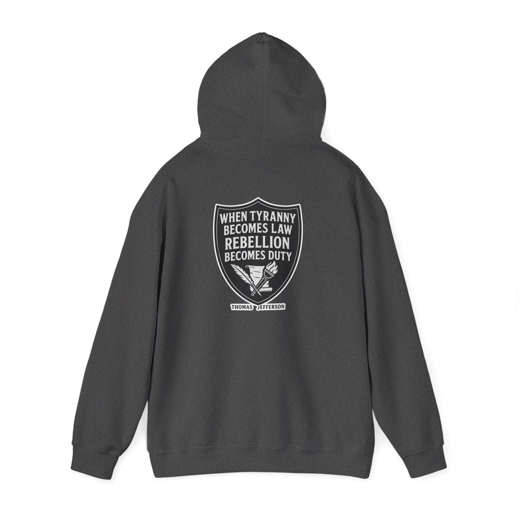Hooded Sweatshirt featuring Thomas Jefferson Tyranny Quote and Six Guns Design, Streetwear Revolution