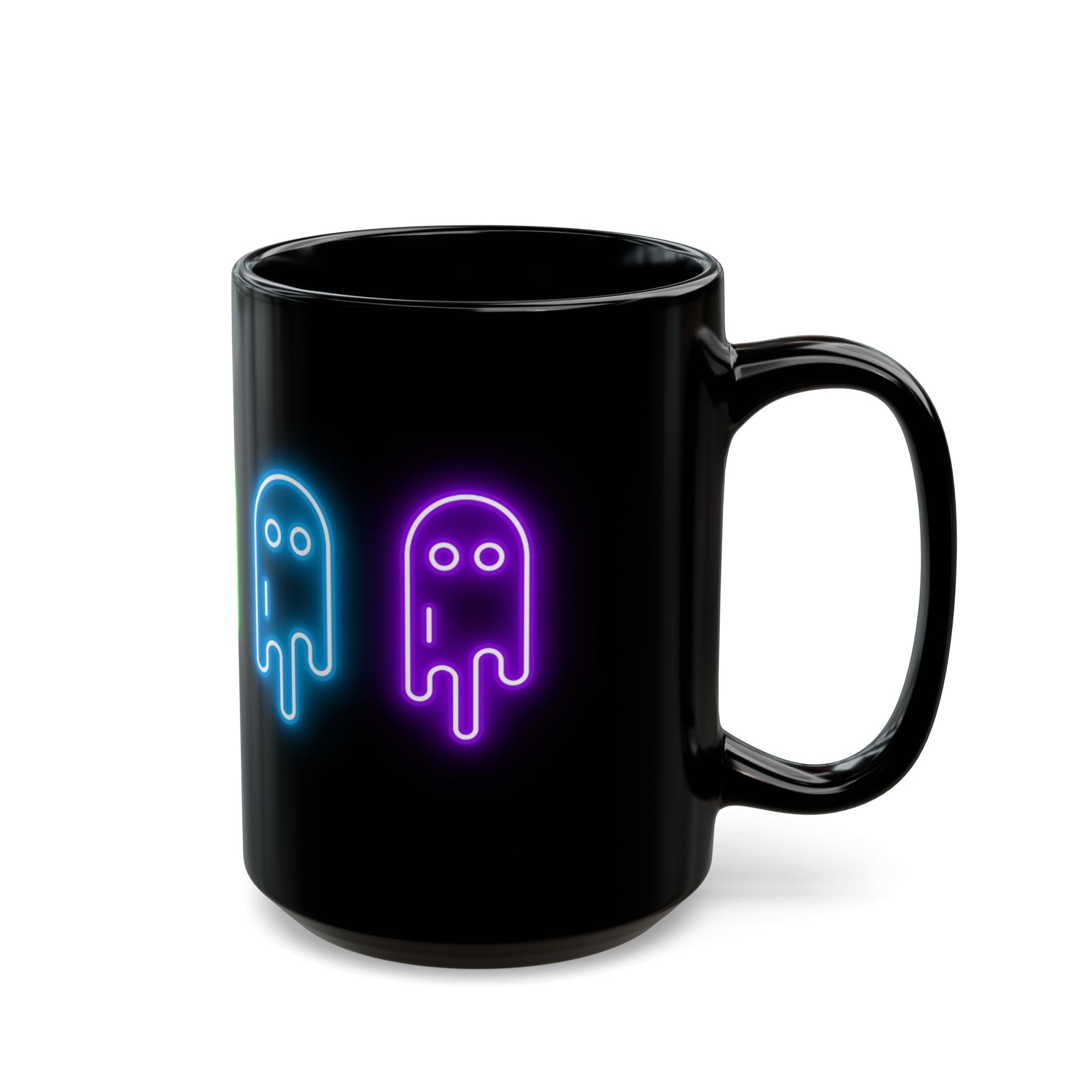 Neon Ghost Black Mug, Cute Ghost Mug, Halloween Coffee Cup, Colorful Drinkware, Spooky Gift for Kids