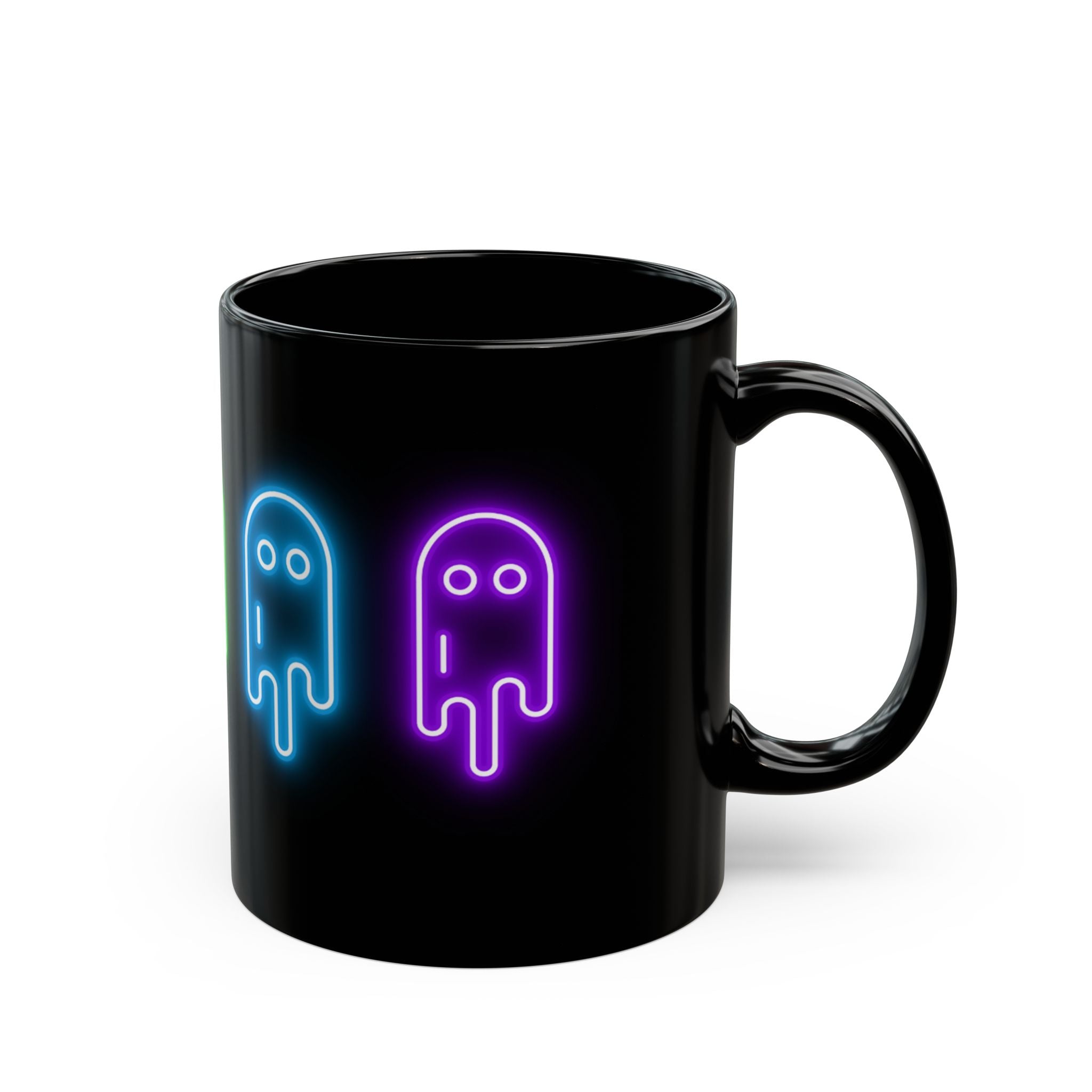 Neon Ghost Black Mug, Cute Ghost Mug, Halloween Coffee Cup, Colorful Drinkware, Spooky Gift for Kids