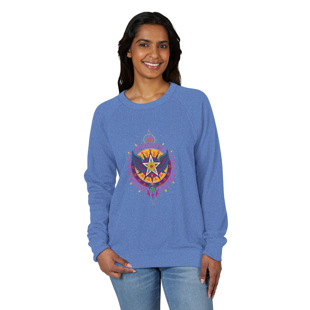 Raglan Crewneck Sweatshirt with Winged Star Rock and Roll Vintage Band Hippie Design