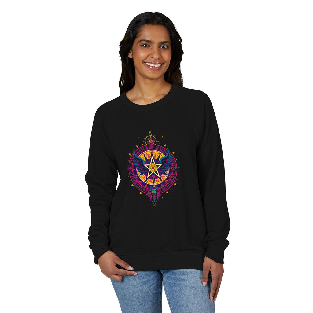 Raglan Crewneck Sweatshirt with Winged Star Rock and Roll Vintage Band Hippie Design