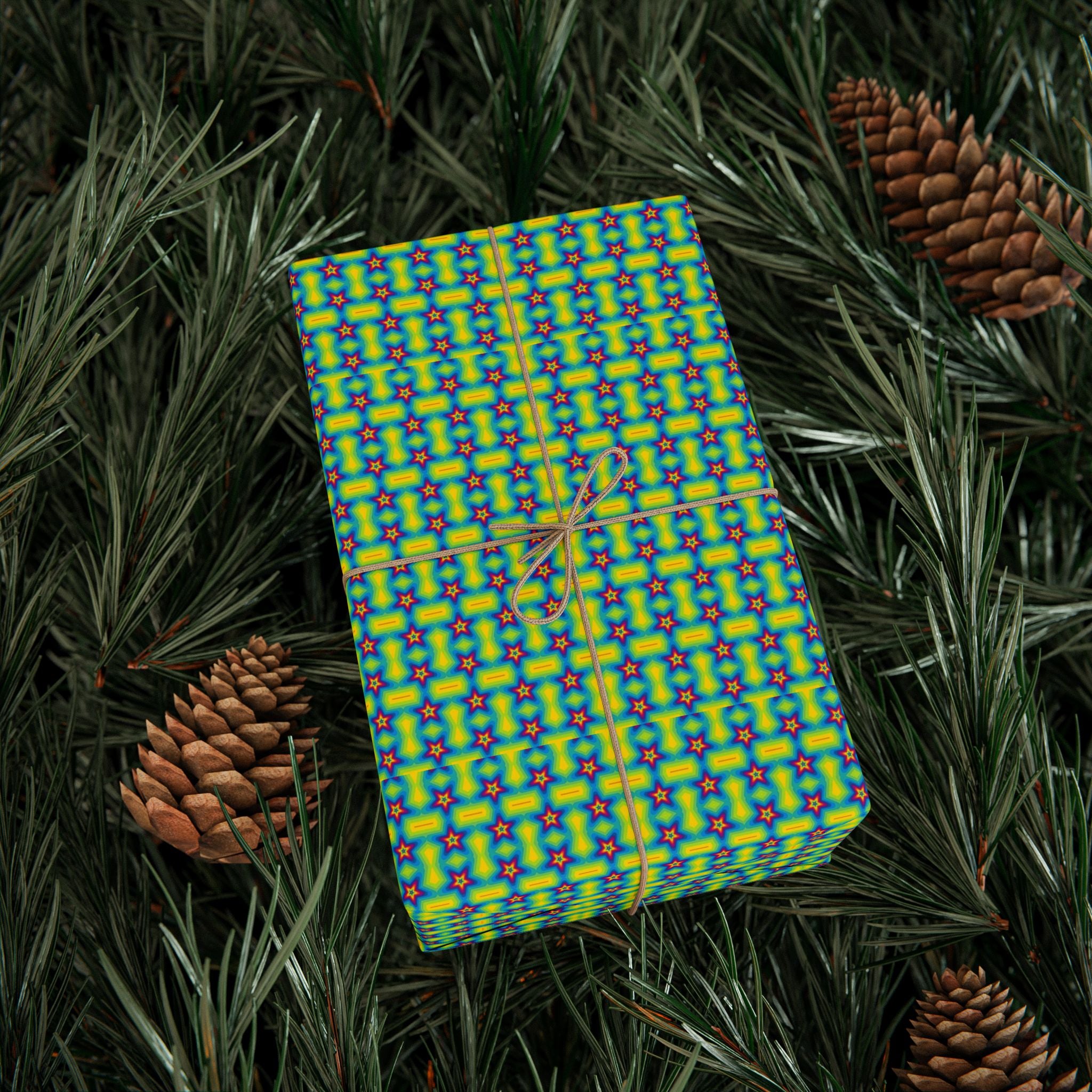 Retro 80s Neon Star Wrapping Paper — Bright Green & Blue, Quirky Gift Wrap