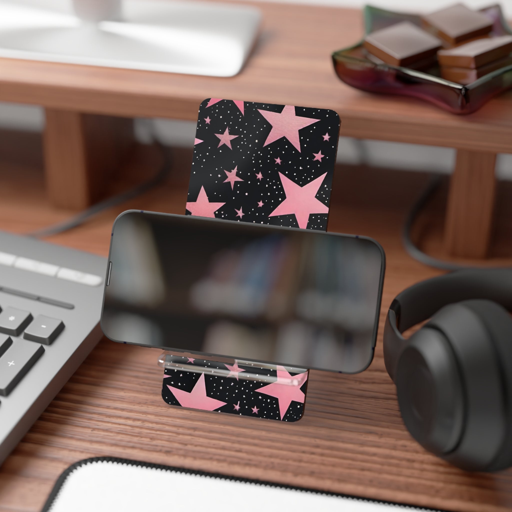 Black with pink stars phone stand