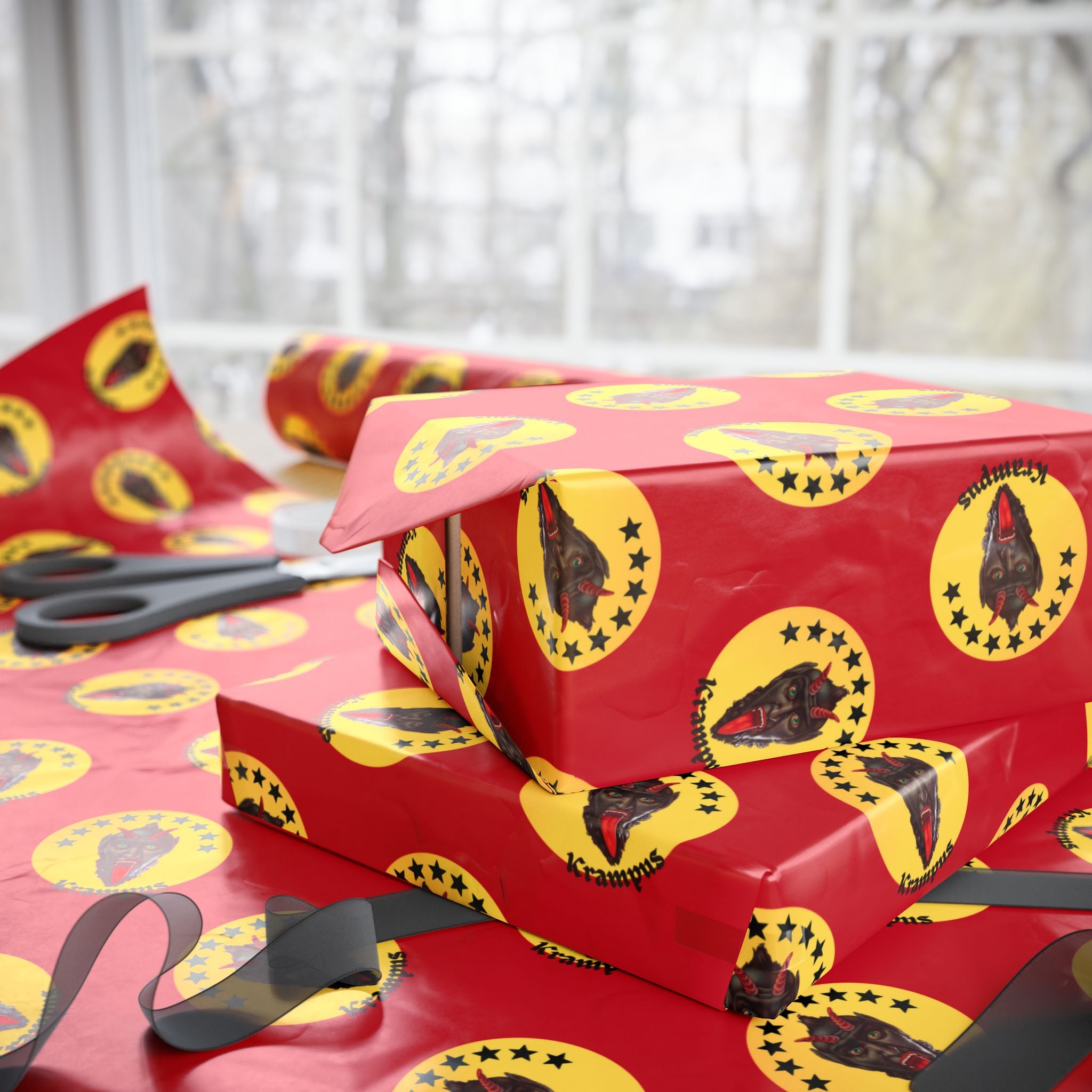 Wrapping Paper - Krampus Yellow Polka Dot Christmas Vintage Design