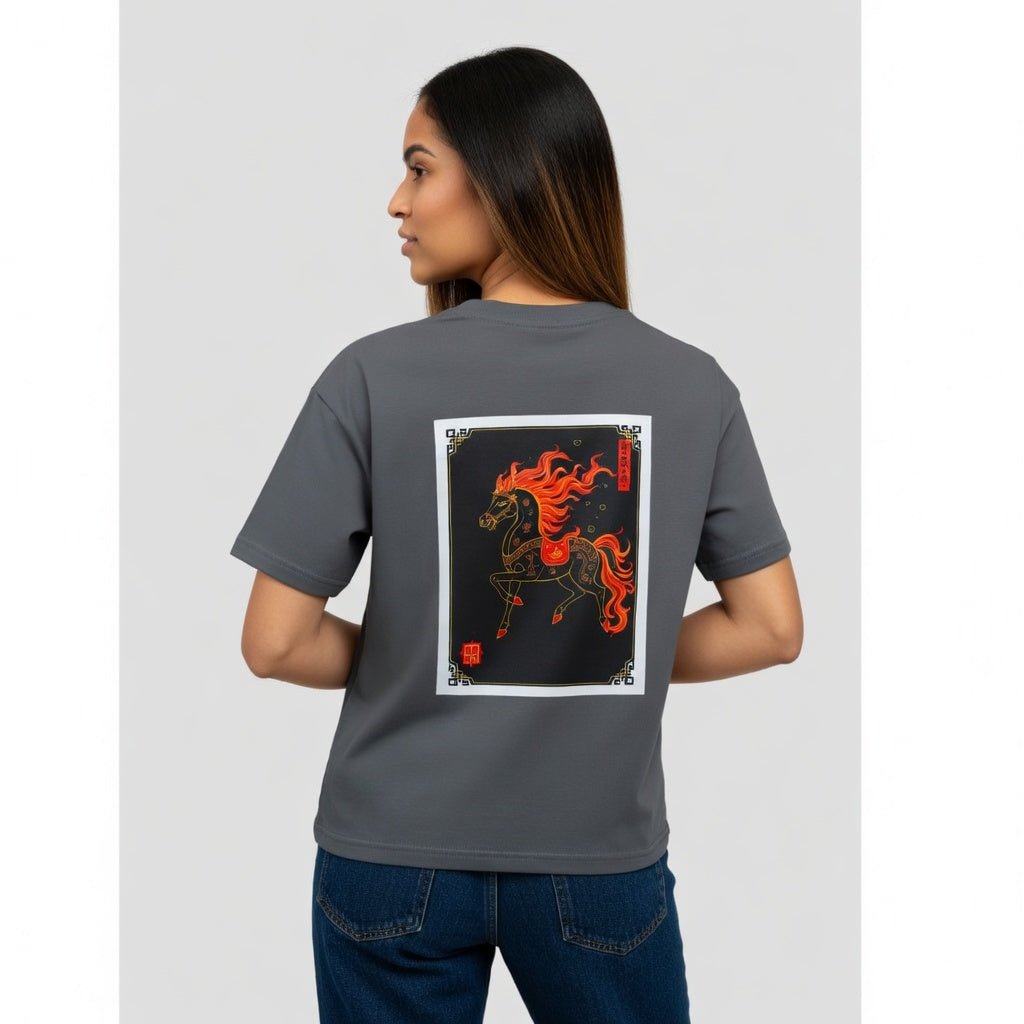 Year of the Fire Horse Boxy Tee — Retro Mythic Graphic Women's T-Shirt-Chinese New Year
