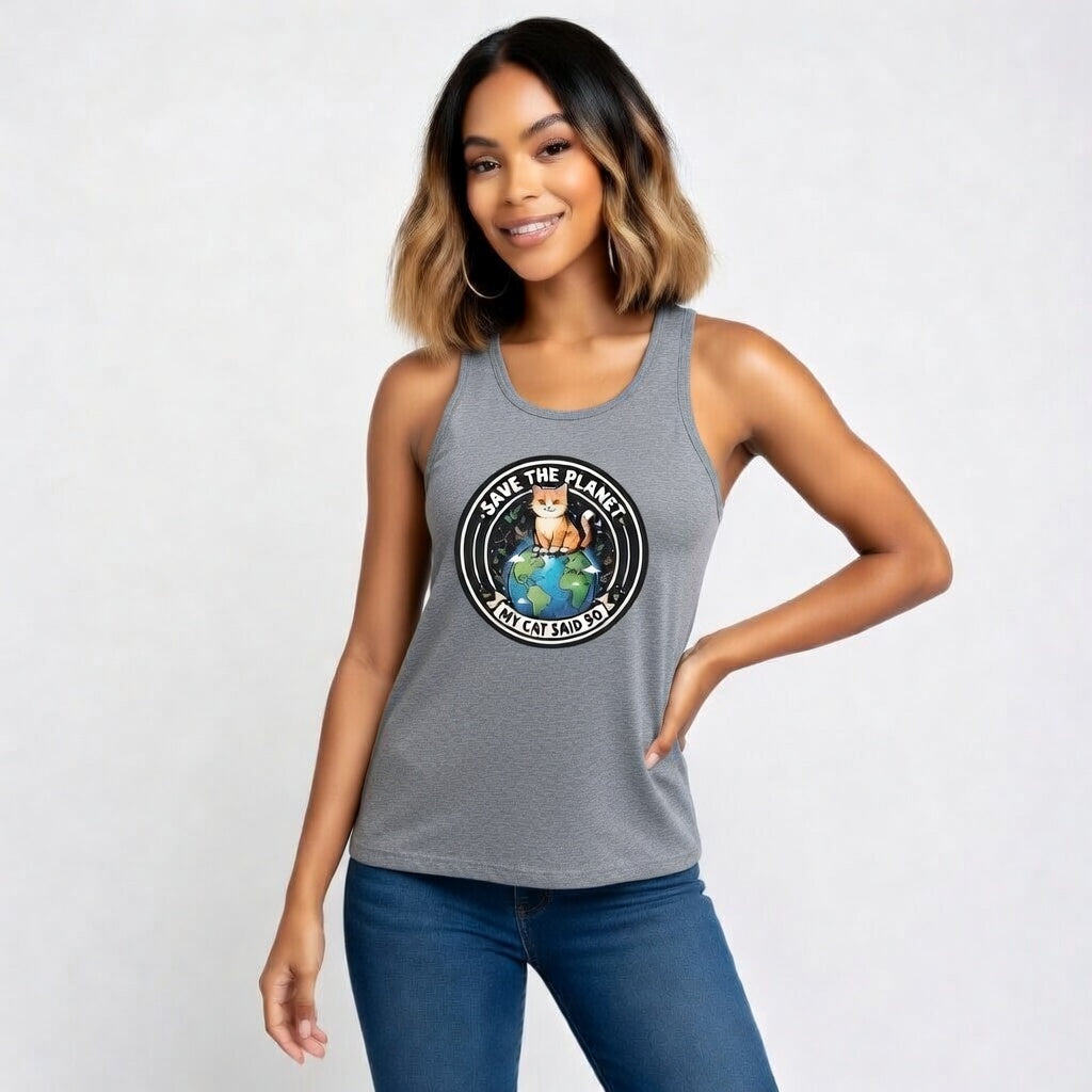 Earth Day Women's Racerback Tank — "Save the Planet, My Cat Says So"