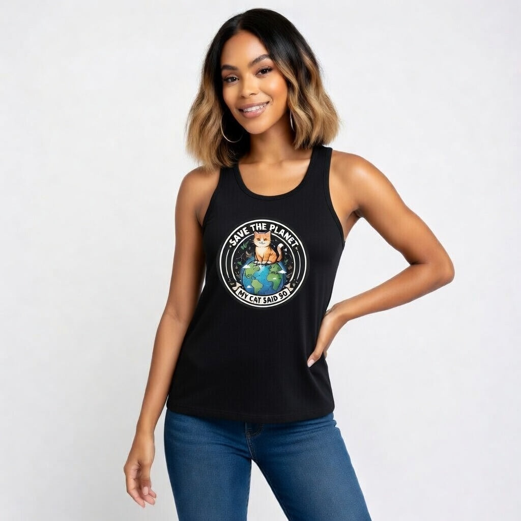Earth Day Women's Racerback Tank — "Save the Planet, My Cat Says So"