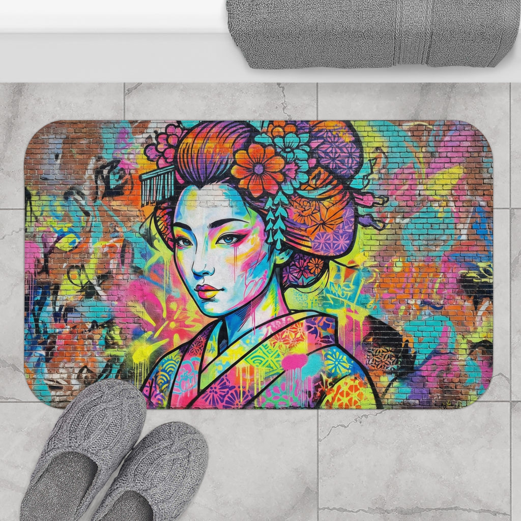 Pop Art Geisha Bath Mat — Colorful Graffiti Japanese-Inspired Bath Rug