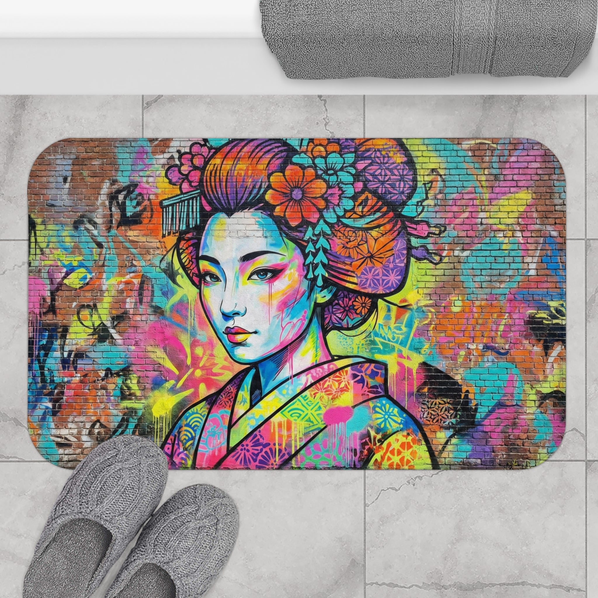 Pop Art Geisha Bath Mat — Colorful Graffiti Japanese-Inspired Bath Rug