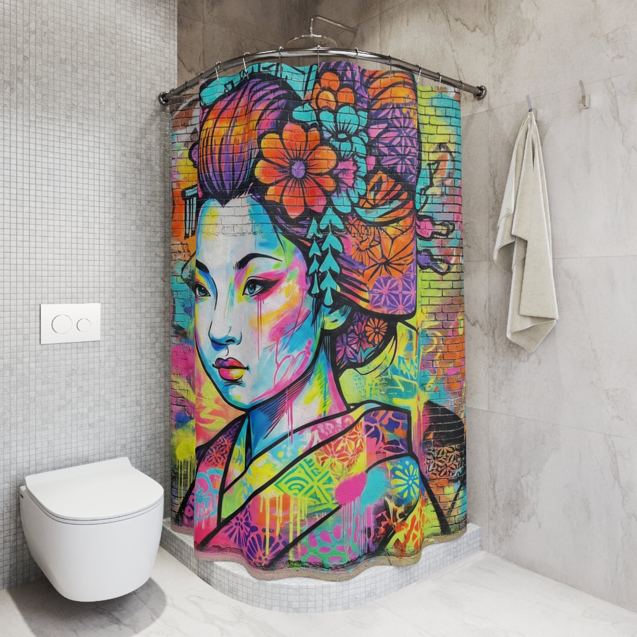 Graffiti Geisha Shower Curtain — Bright Pop Art Bathroom Decor