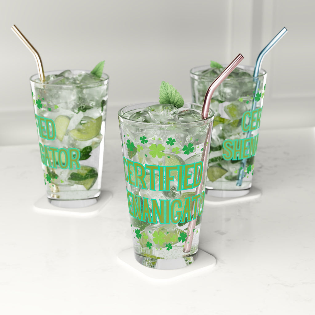 Certified Shenanigator Pint Glass – 16oz St. Patrick’s Day Beer Glass with Shamrock Design