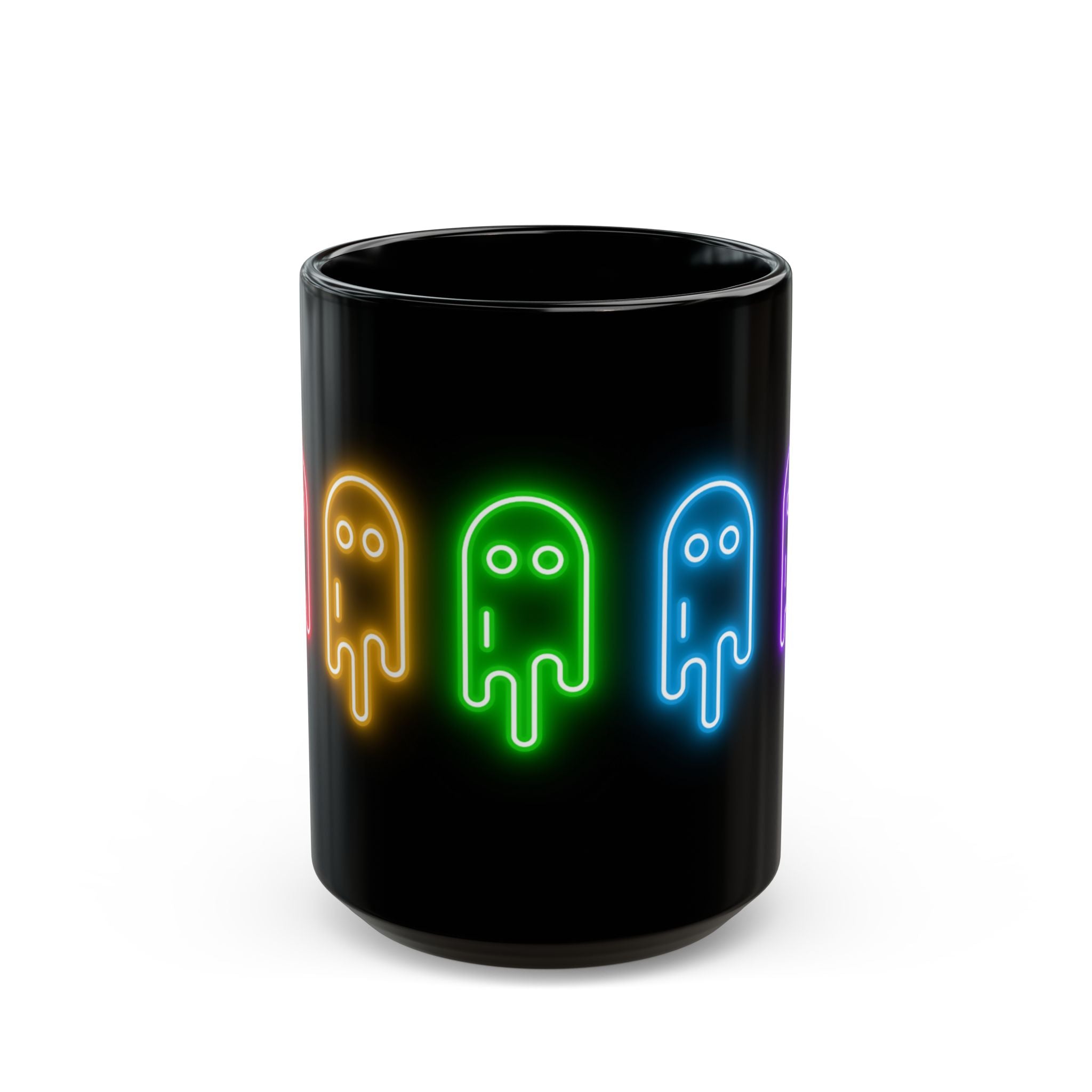 Neon Ghost Black Mug, Cute Ghost Mug, Halloween Coffee Cup, Colorful Drinkware, Spooky Gift for Kids