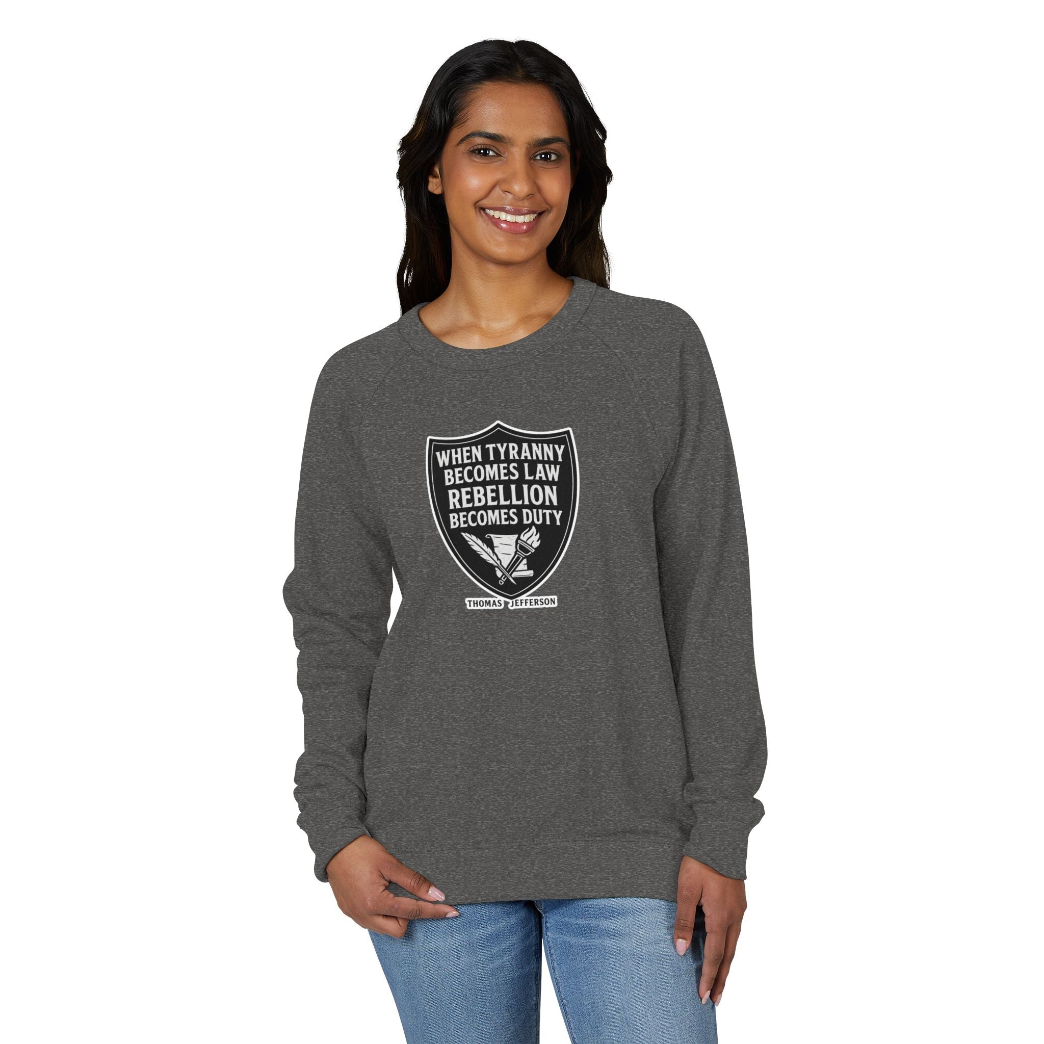 Revolutionary Shield Raglan Crewneck T-Shirt - Thomas Jefferson Quote