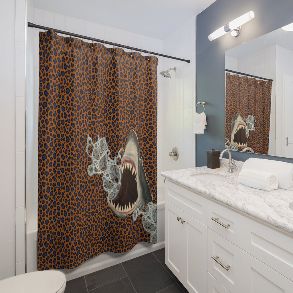 Quirky Camp Shark & Leopard Print Shower Curtain – Bold Ocean Meets Wild Animal Bathroom Décor