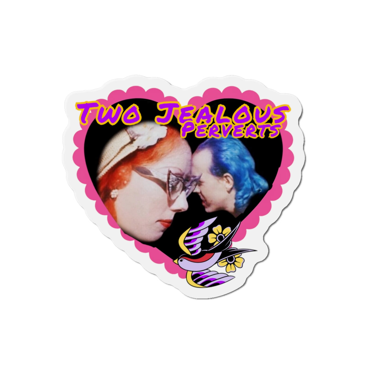 Two Jealous Perverts, John Waters Pink Flamingos, Mink Stole and David Lochary Die-Cut Magnet — “Two Jealous Perverts” Retro Heart Photo Magnet