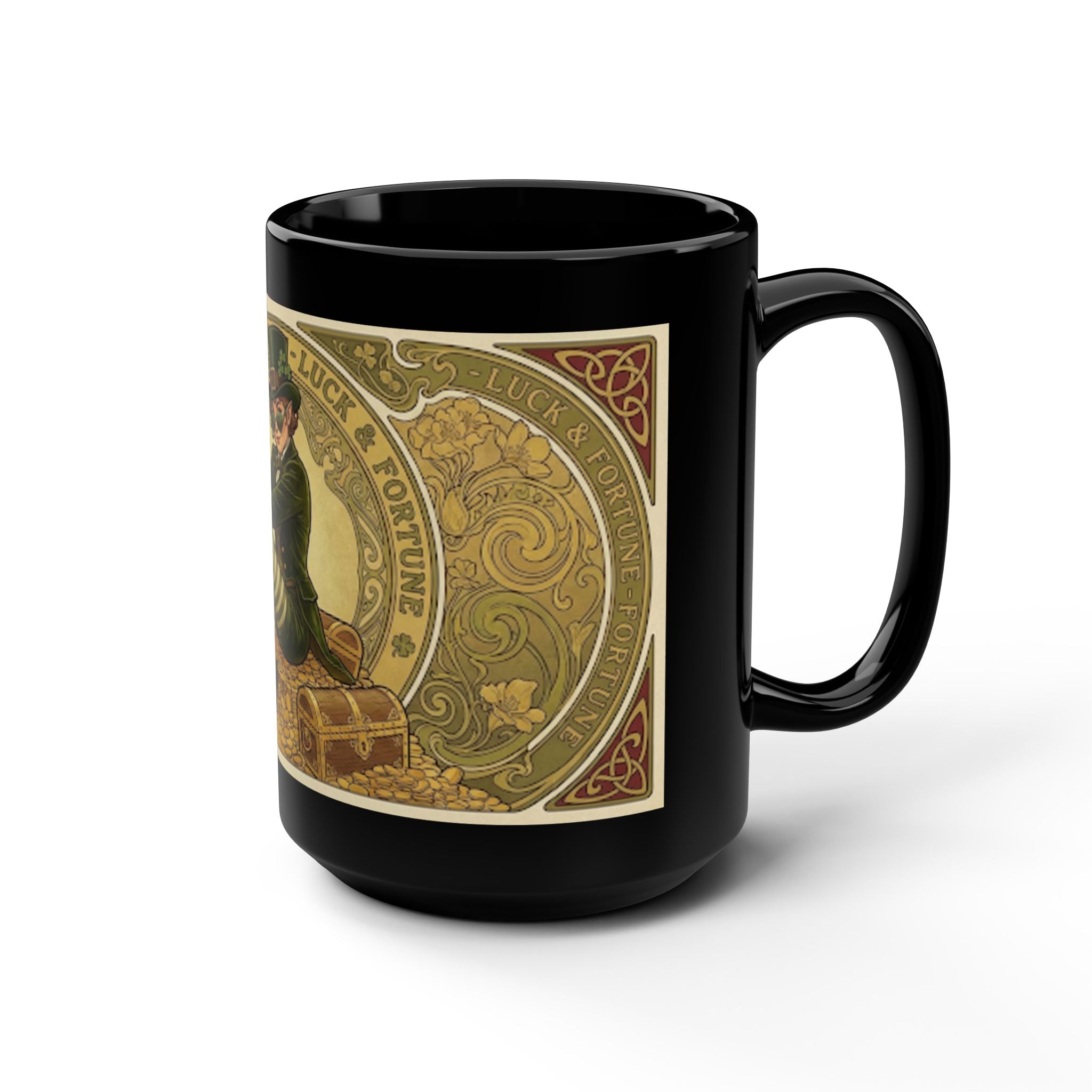 St. Patrick’s Vintage Leprechaun Black 15oz Coffee Mug — Luck & Fortune Design
