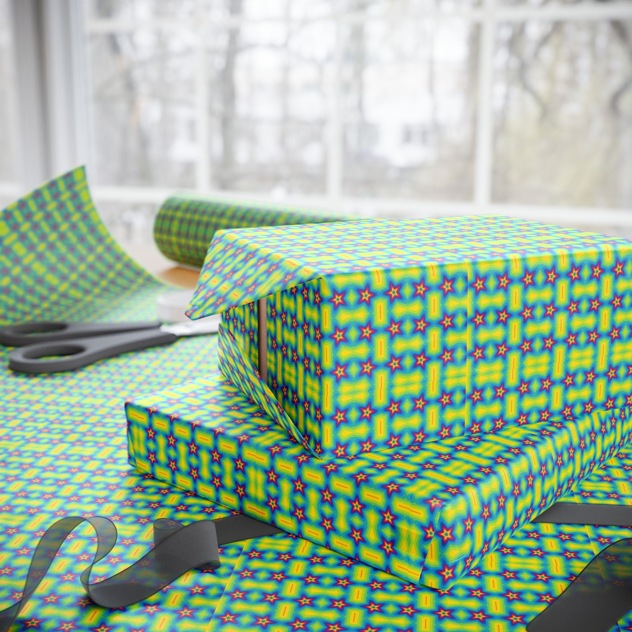 Retro 80s Neon Star Wrapping Paper — Bright Green & Blue, Quirky Gift Wrap
