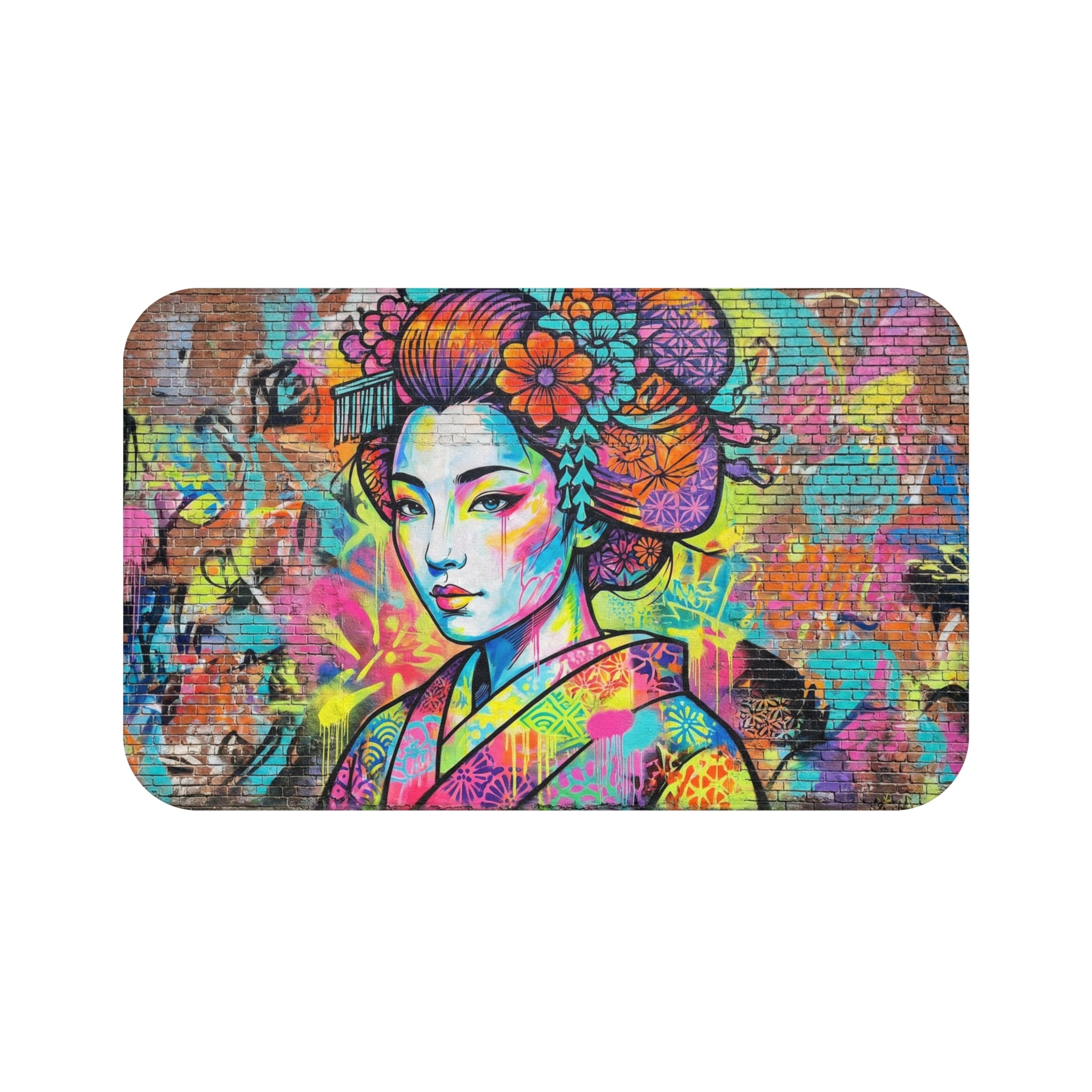 Pop Art Geisha Bath Mat — Colorful Graffiti Japanese-Inspired Bath Rug