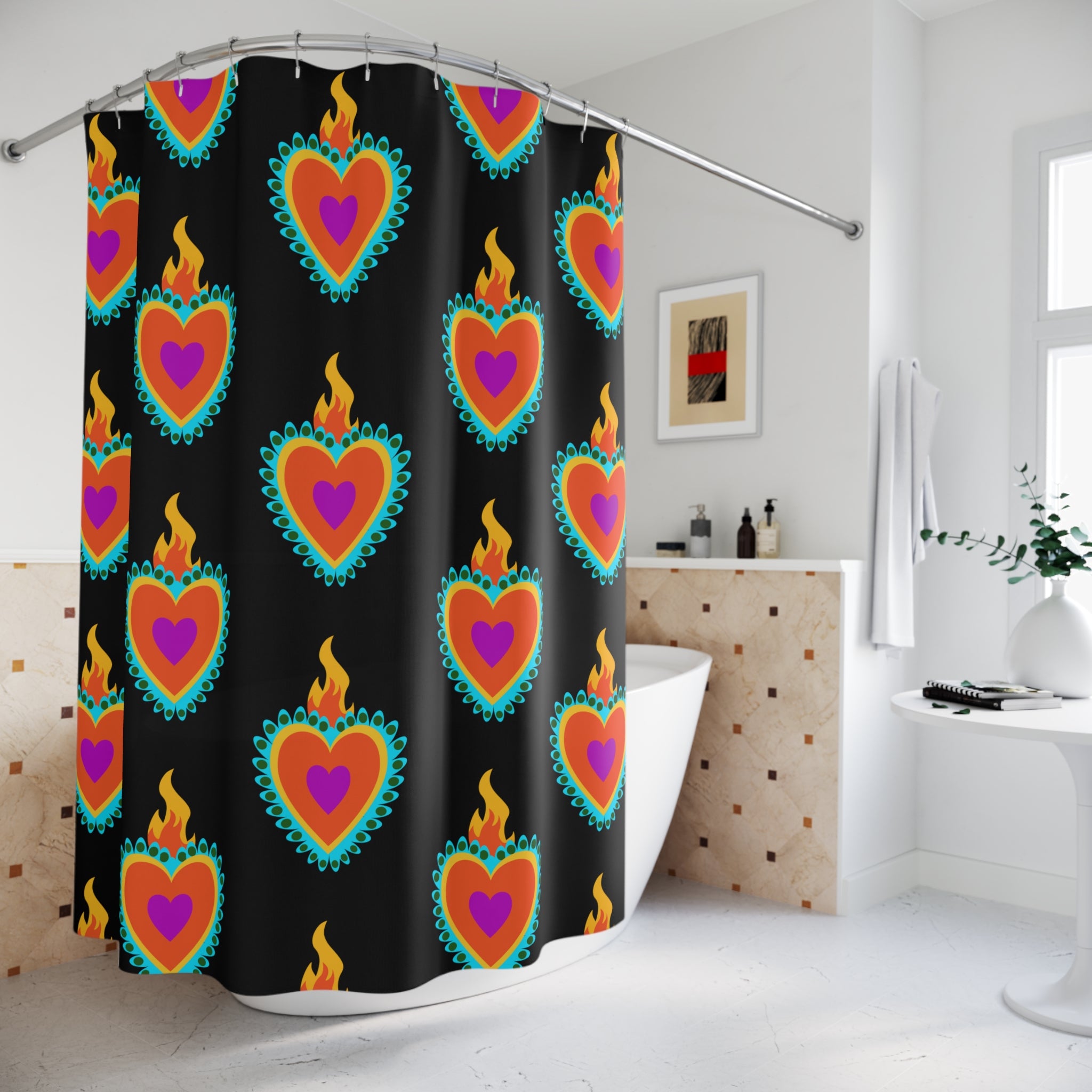 Colorful Heart Shower Curtain - Bohemian Bathroom Decor, Gift for Her, Valentine's Day, Home Essential, Artistic Shower Accessory