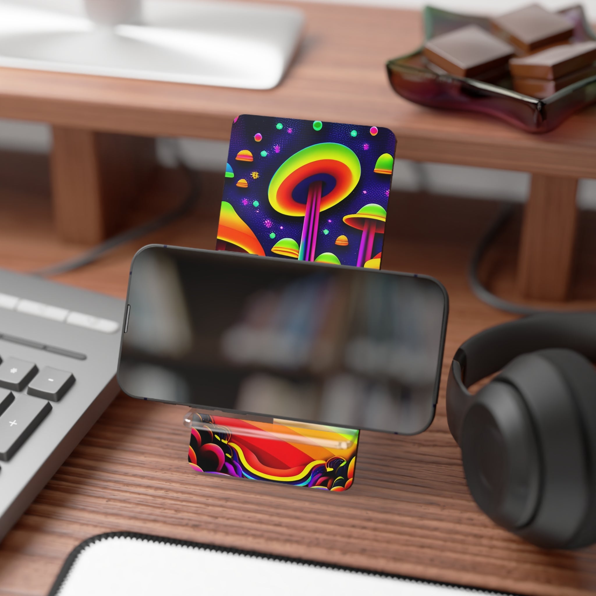 Psychedelic Smartphone Stand - Colorful Mobile Display Holder, Desk Accessory, Unique Gift, Home Decor, Rainbow Art