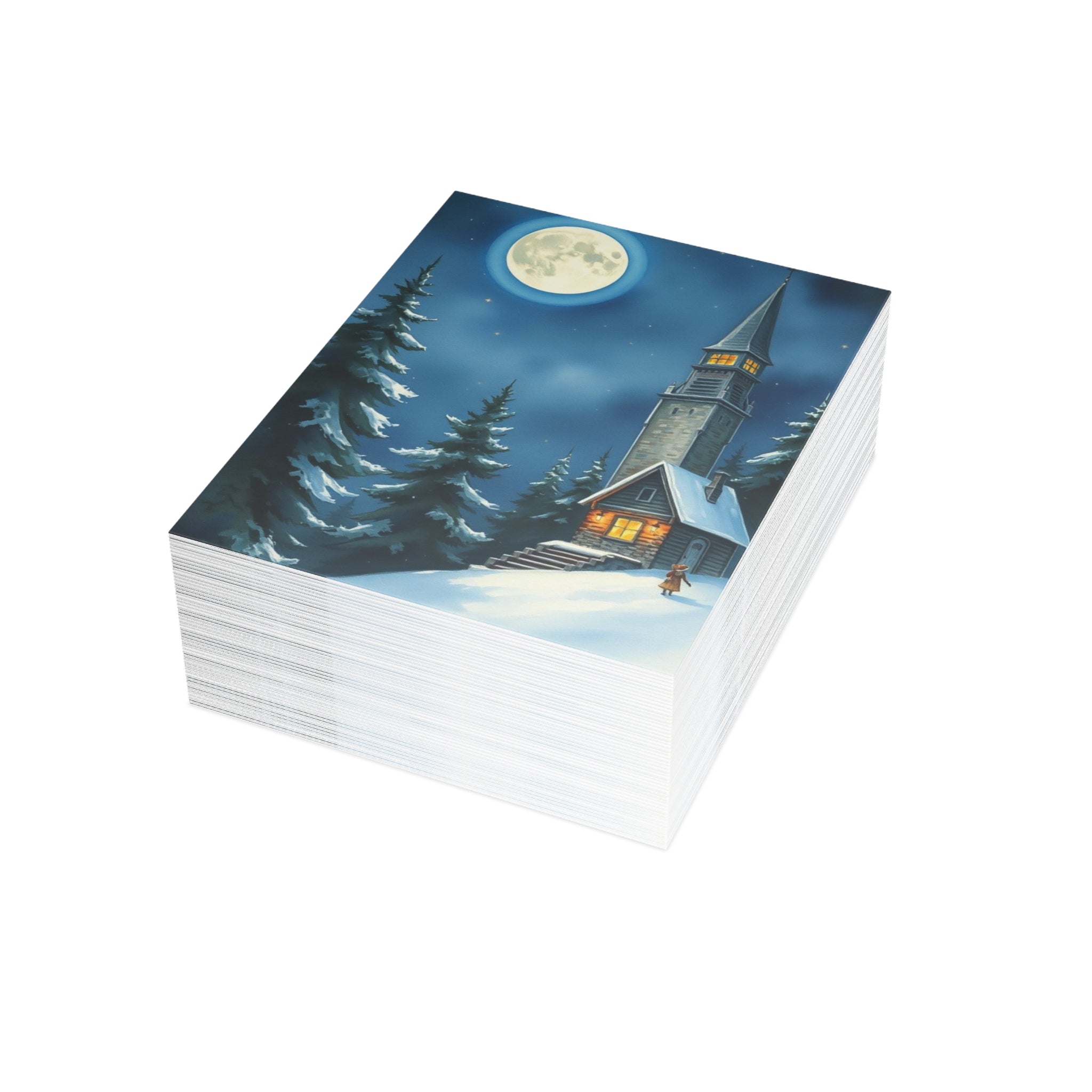 Winter Church Night Scene Greeting Cards — Holiday Blank Inside (1/10/30/50 pcs)