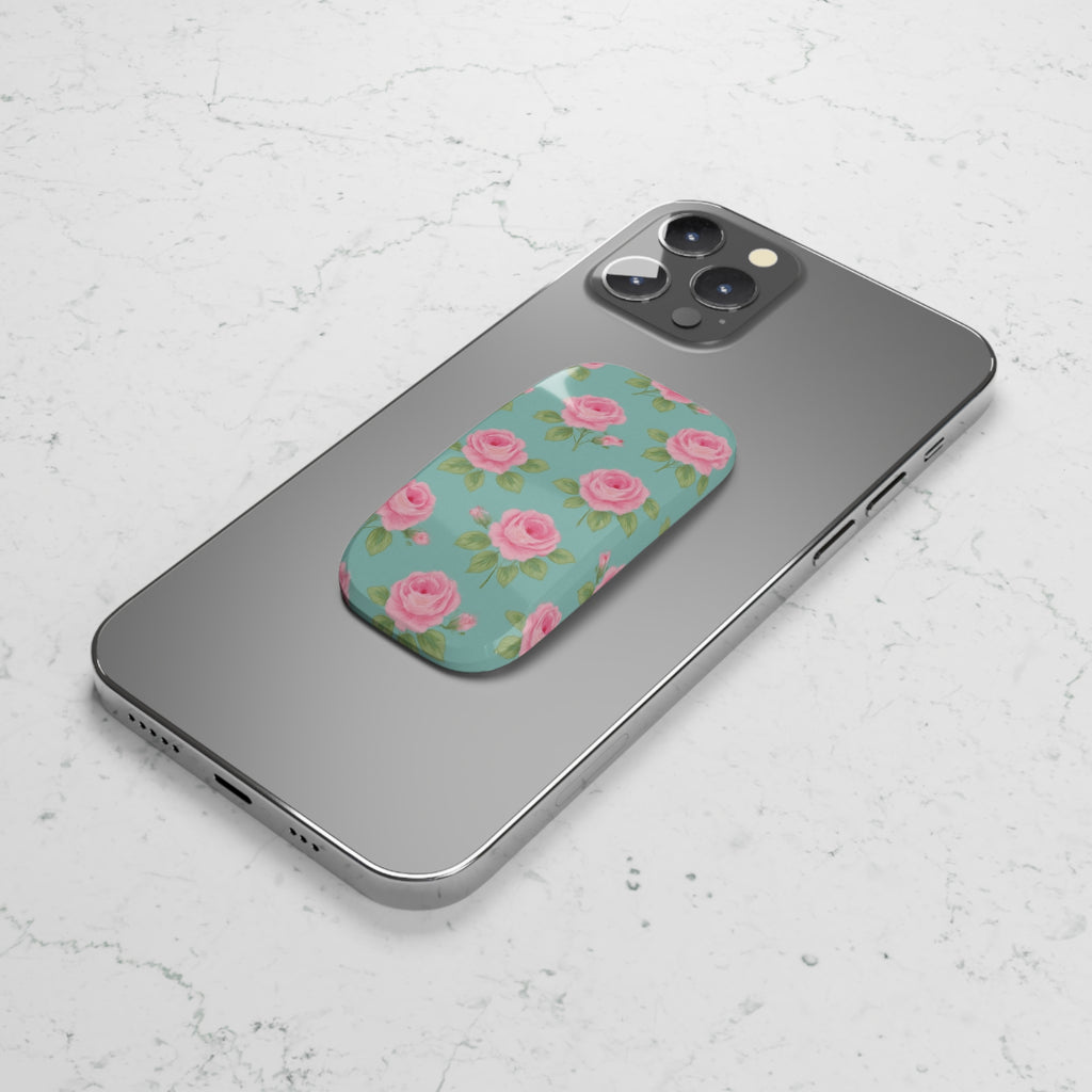 Phone Grip - Shabby Chic Pink English Roses on Soft Blue Background