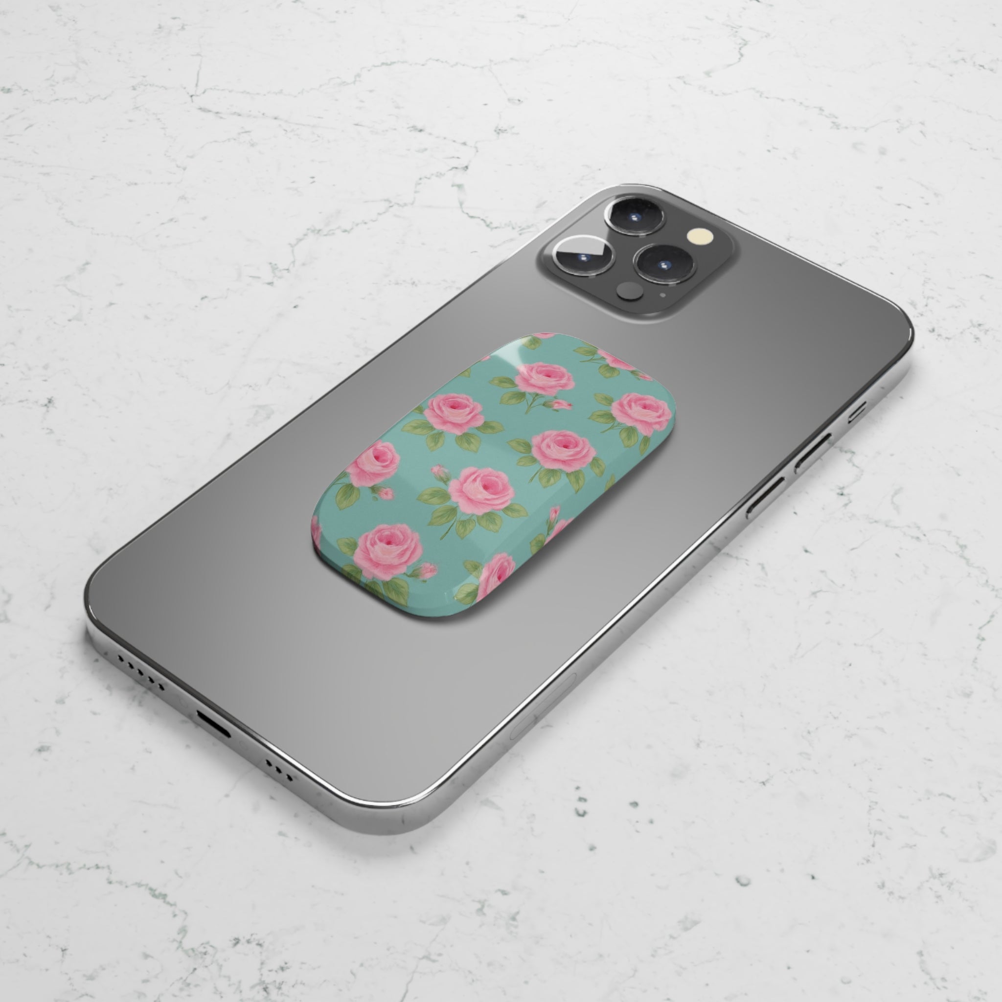 Phone Grip - Shabby Chic Pink English Roses on Soft Blue Background
